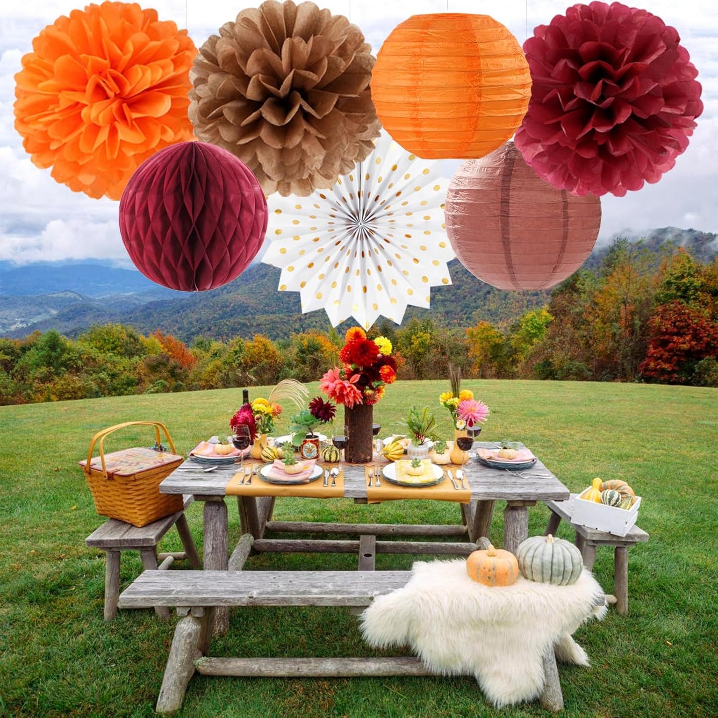Fall Boho Baby-Shower Party-Decorations Streamers-Lanterns - 14pc Autumn Harvest Brown Orange Burgundy Paper Fan,Rustic Birthday Wedding Bridal Tissue Pom Poms,Honeycomb Balls,Engagement Decor Ouruola