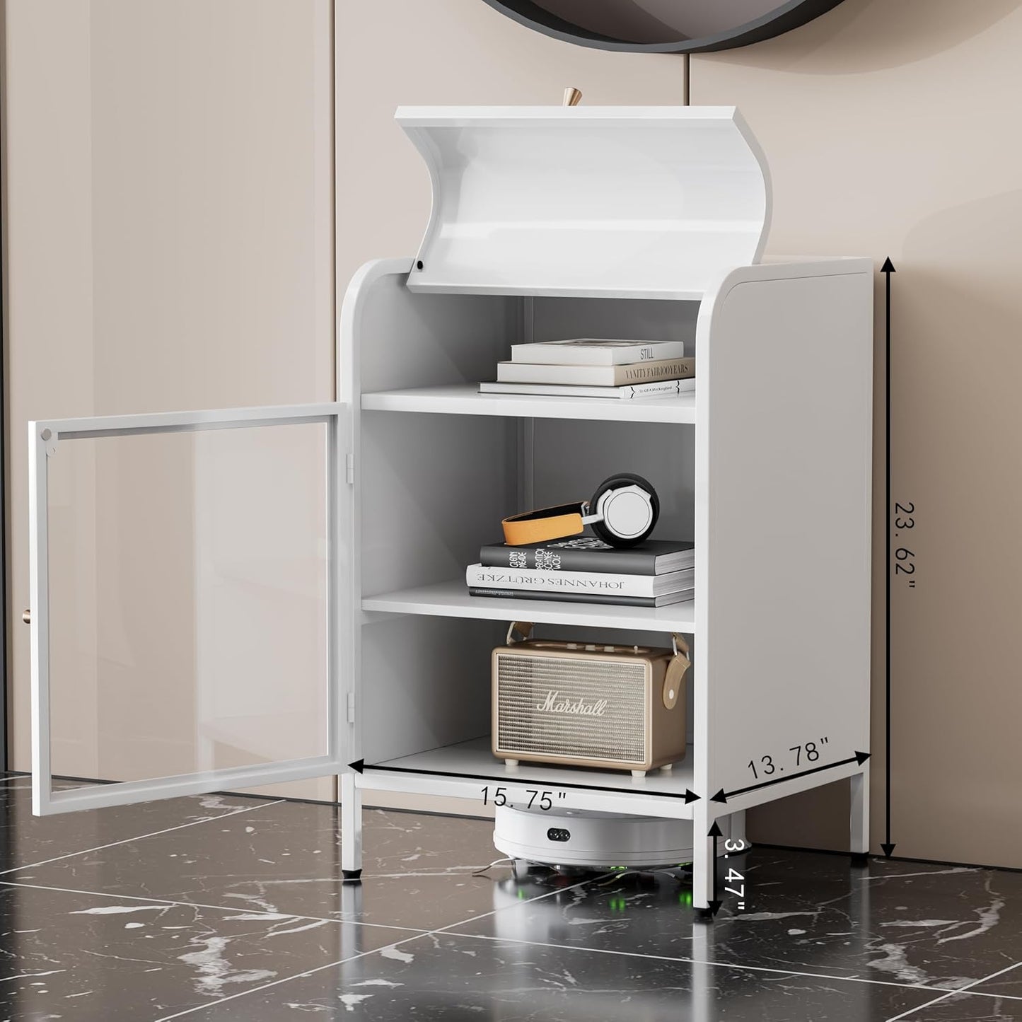 Modern Metal Side Tables Set of 2, End Tables with Glass Door, 2-Tier Nightstands with Storage Shelves, Accent Table, Slim Sofa Table for Living Room, Bedroom (White)