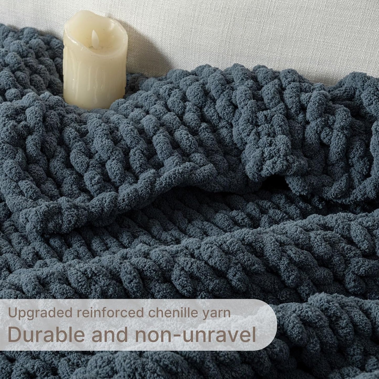 Chunky Knit Blanket Throw, 100% Hand Knit Throw Blanket Handmade Chenille Cable Knit Throw for Couch, Stylish Cozy Soft Rope Knot Crochet Blanket for Home Decor, Blue Mirage, 60x80 Inches