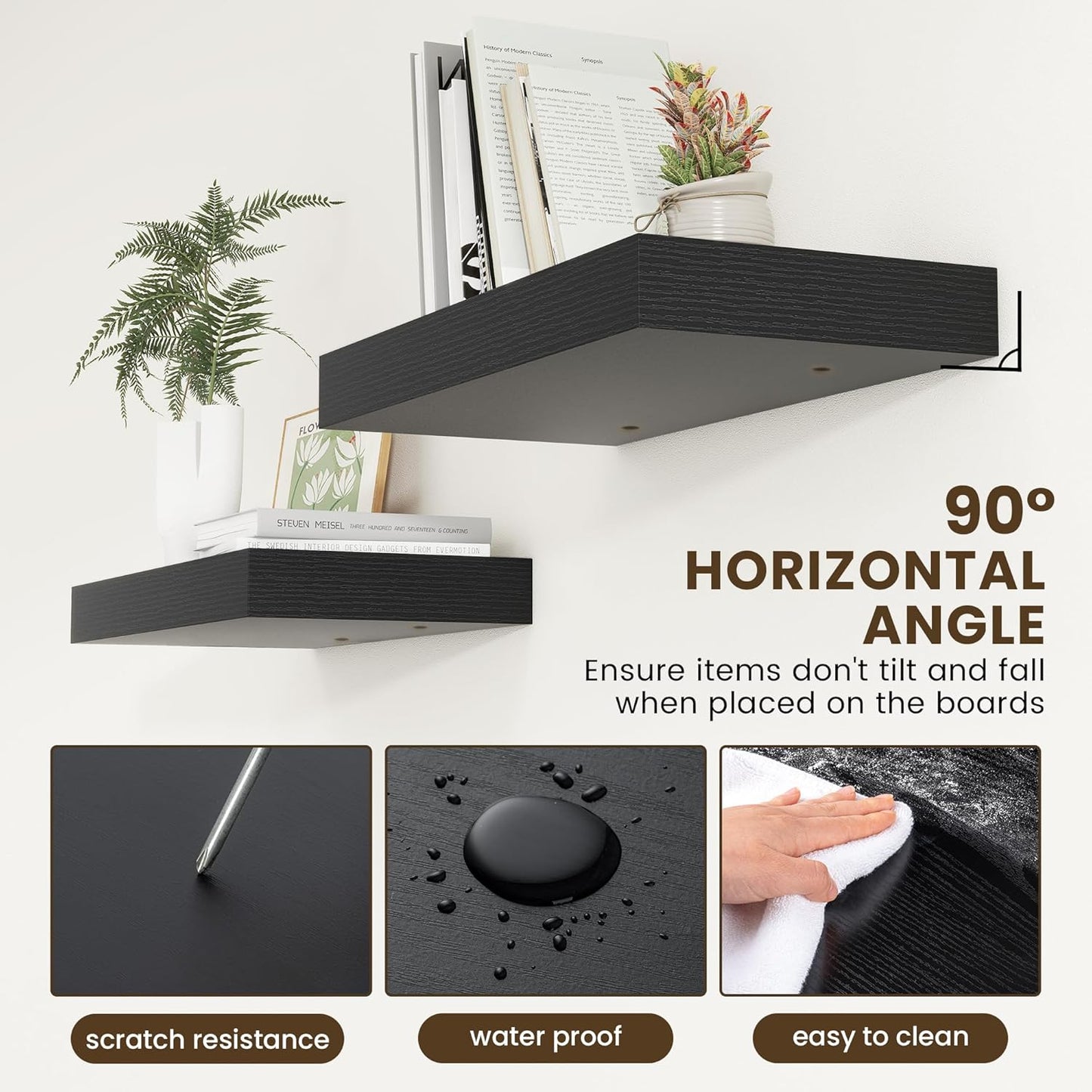 Deep Floating Shelves for Wall | 24 Inch Wide x 12 Inch Deep Black Floating Shelves | 24W x 12D Rustic Wood Wide Wall Shelves | Bookshelf Laundry Shelf TV Shelf