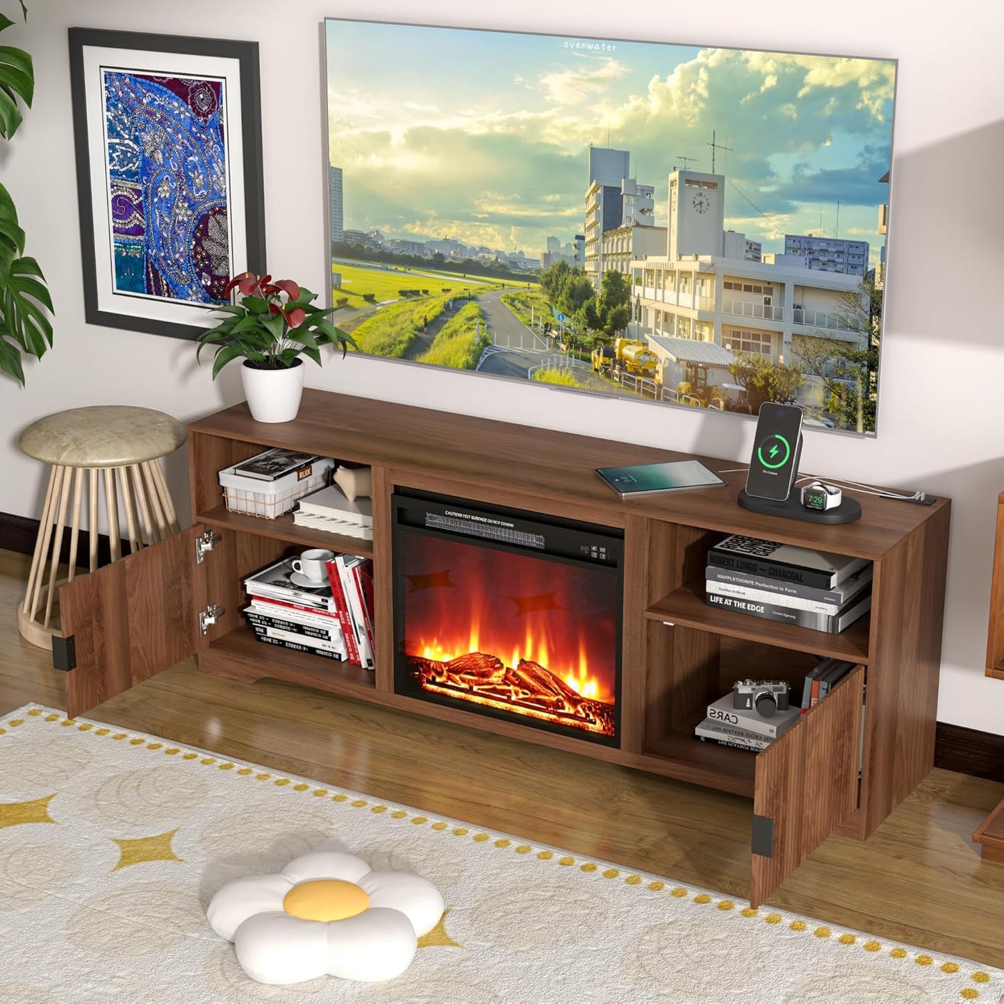 Fireplace TV Stand for Television up to 80 Inch,Entertainment Center with Adjustable Shelf,Mid-Century Modern Fluted TV Stand with 23" Electric Fireplace,Media Console for Living Room,Bedroom