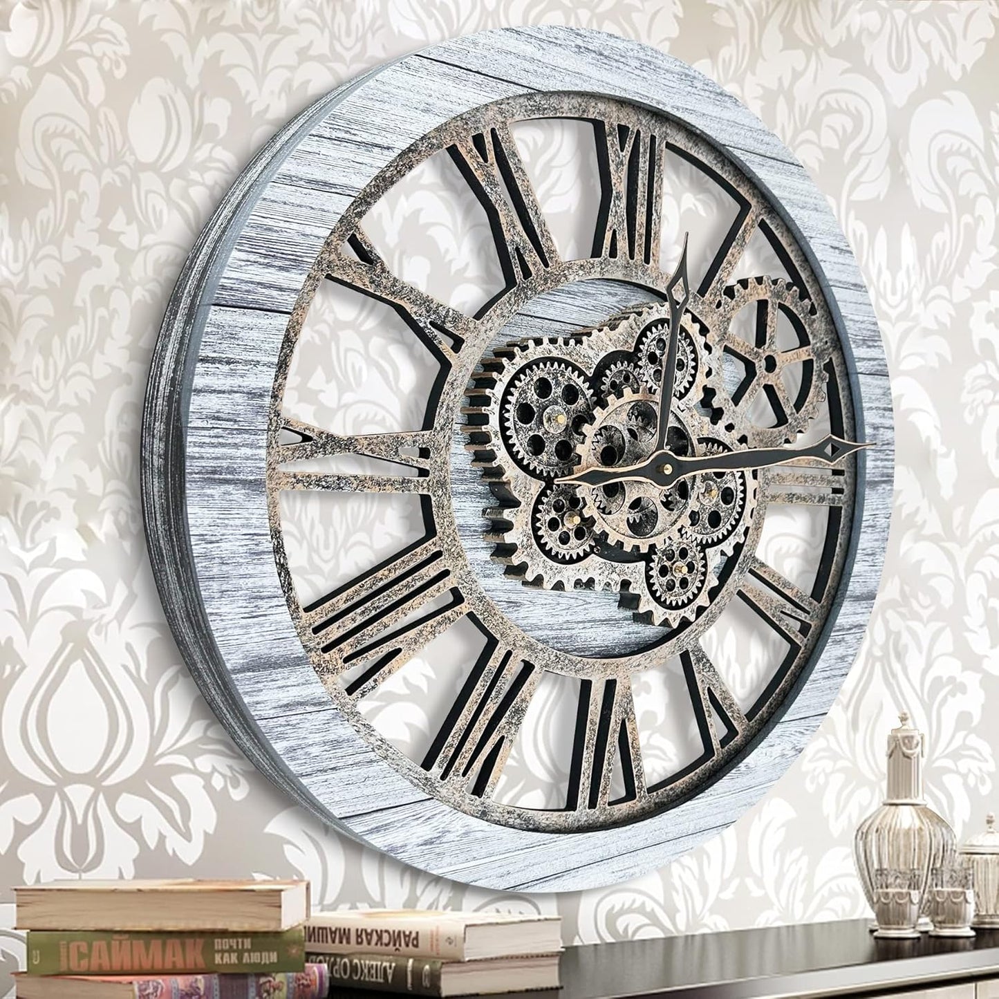 HOIBAI Wall Clock, Clocks for Living Room Decor 20 Inch Big Moving Gears Clock Farmhouse Vintage Rustic Wall Clock for Home Bedroom House Kitchen Wall Decor