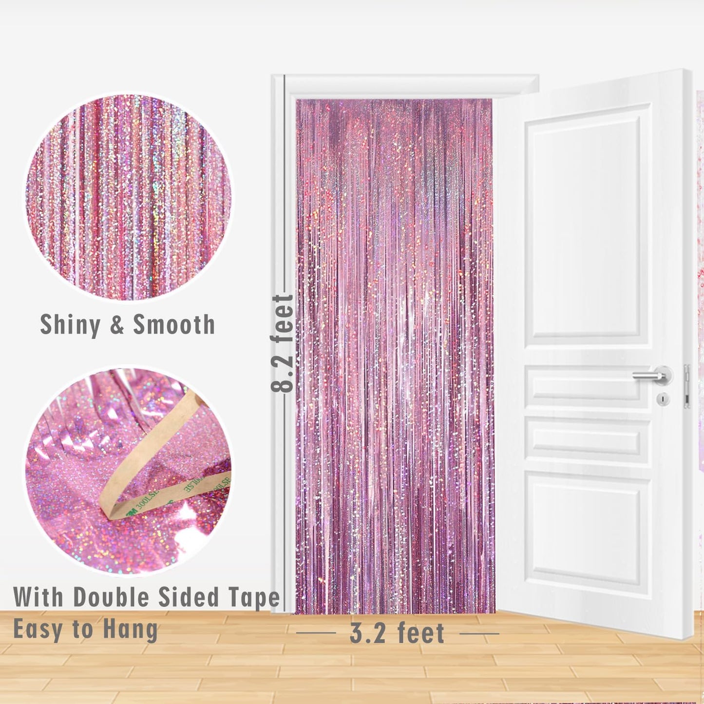 GOER 3.2 ft x 8.2 ft Metallic Tinsel Foil Fringe Curtains Party Photo Backdrop Party Streamers for Birthday,Graduation,New Year Eve Decorations Wedding Decor(4 Packs,Laser Pink)