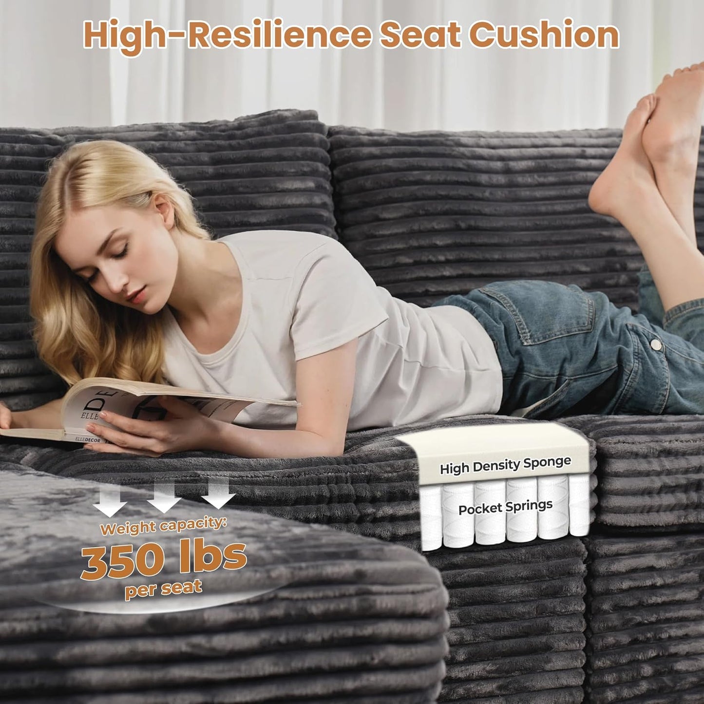 ovios Sectional Sofa Couch with L-Shape Chaise Ottoman, Comfy Modular Cloud Couches with Deep Seat, Modern Upholstered Plush Corduroy Sofas Set for Living Room, 5-Seater, Grey