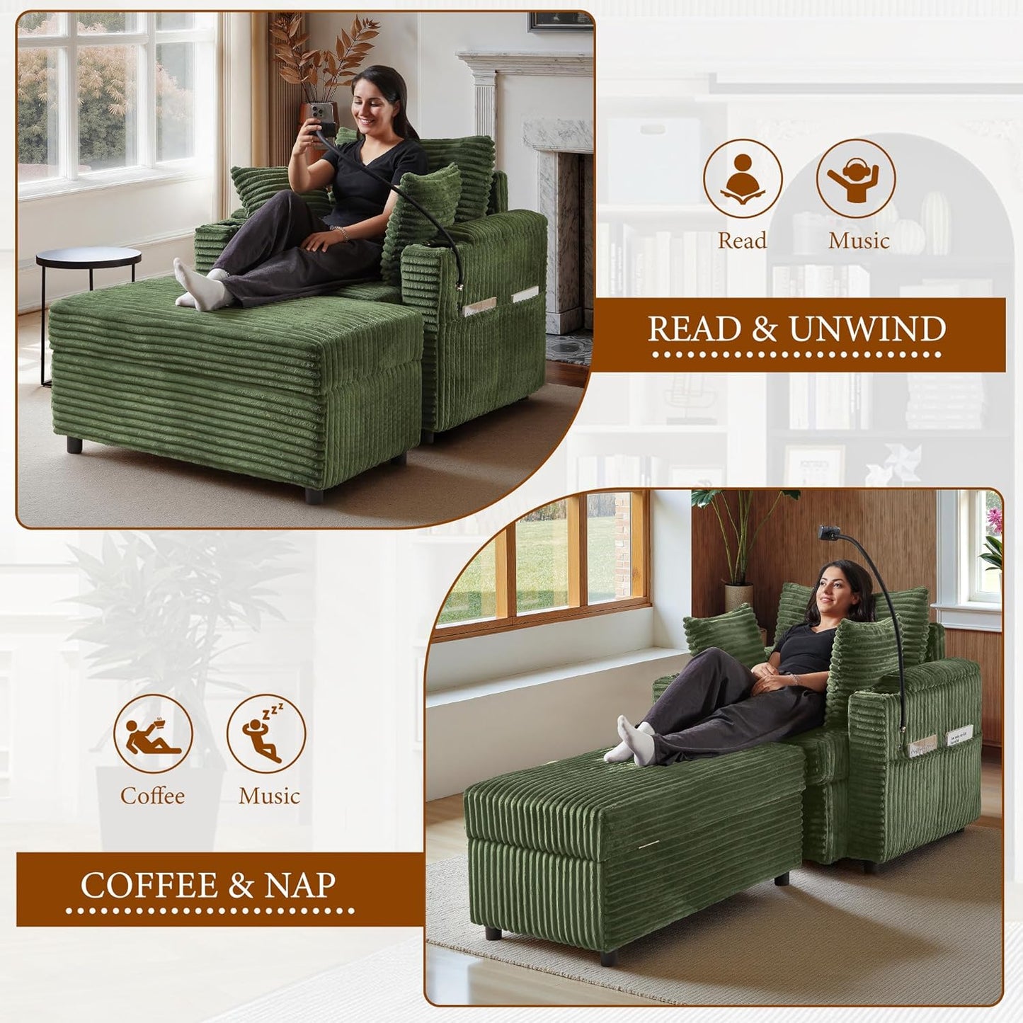 Accent Chair with Storage Ottoman Upholstered Living Room Chairs for Reading Chair with Chaise Lounge Chairs Indoor, Comfortable Armchair for Bedroom