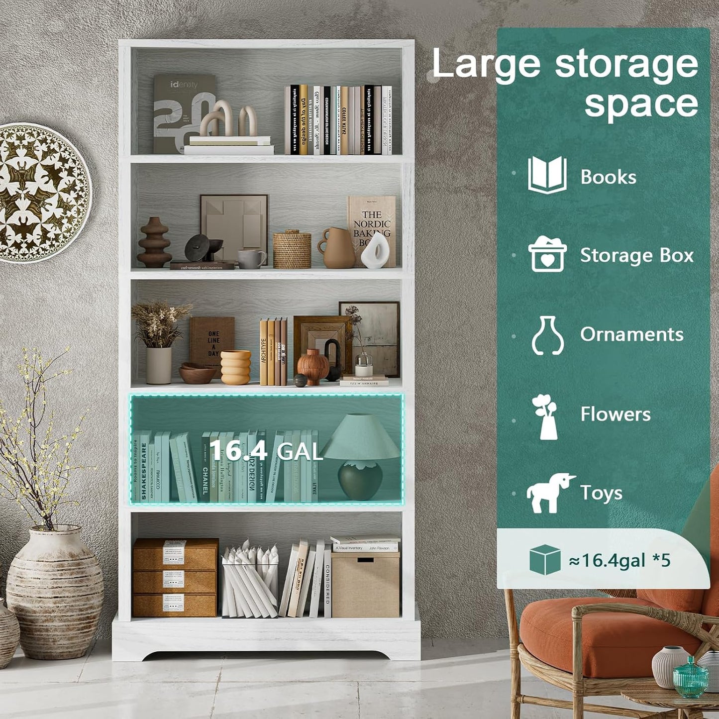 TVU 5-Shelf Wood Bookcase, 65 Inch Tall Bookshelf with Storage, Floor Standing Display Book Shelf,for Living Room Bedroom Study Office,Antique White