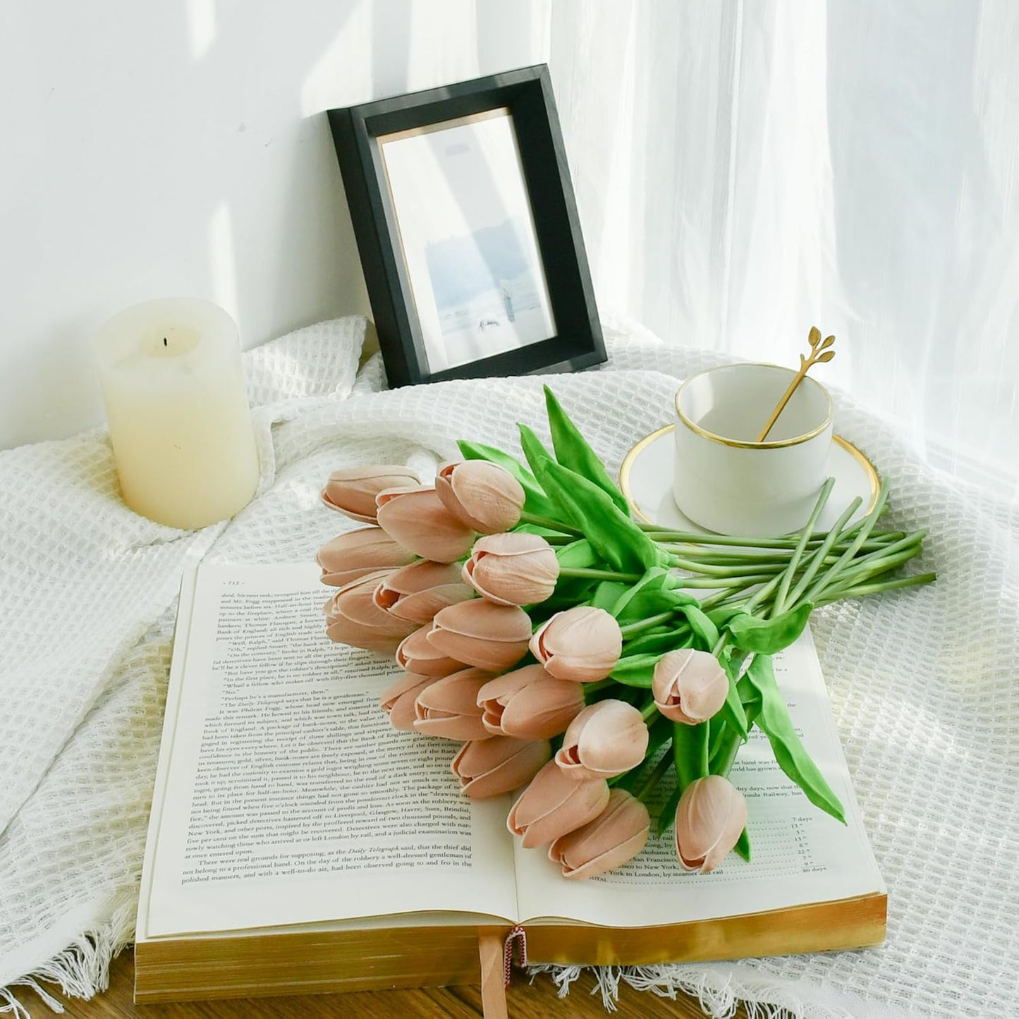 Mandy's Artificial Tulips 20 Stems Light Brown PU Faux Flowers for Wedding Home Decor 13.5 Inch