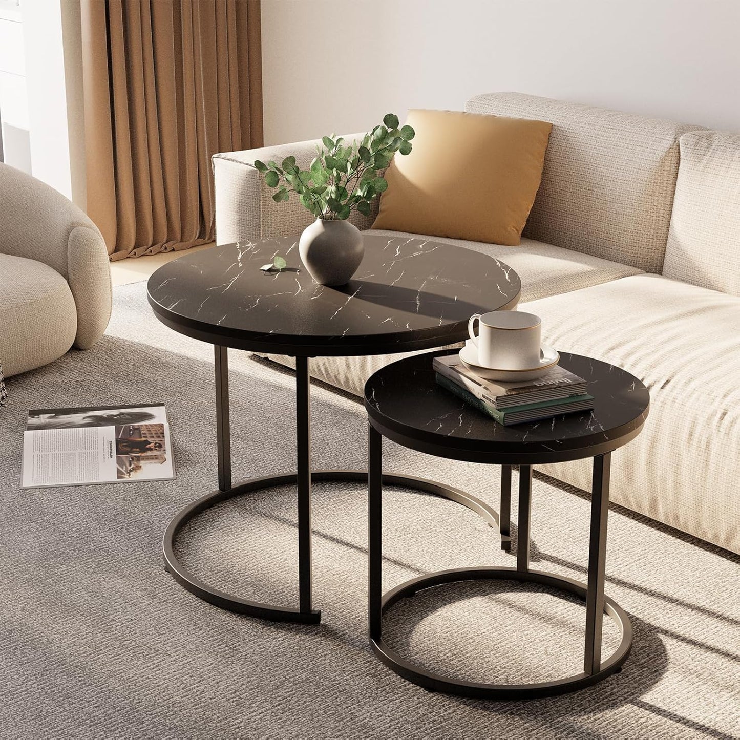 aboxoo Round Nesting Coffee Table Side Set of 2 End Tables for Living Room Bedroom Balcony,Black Faux Marble Wooden Table 23.6IN Accent Large Coffee Table with Steel Frame