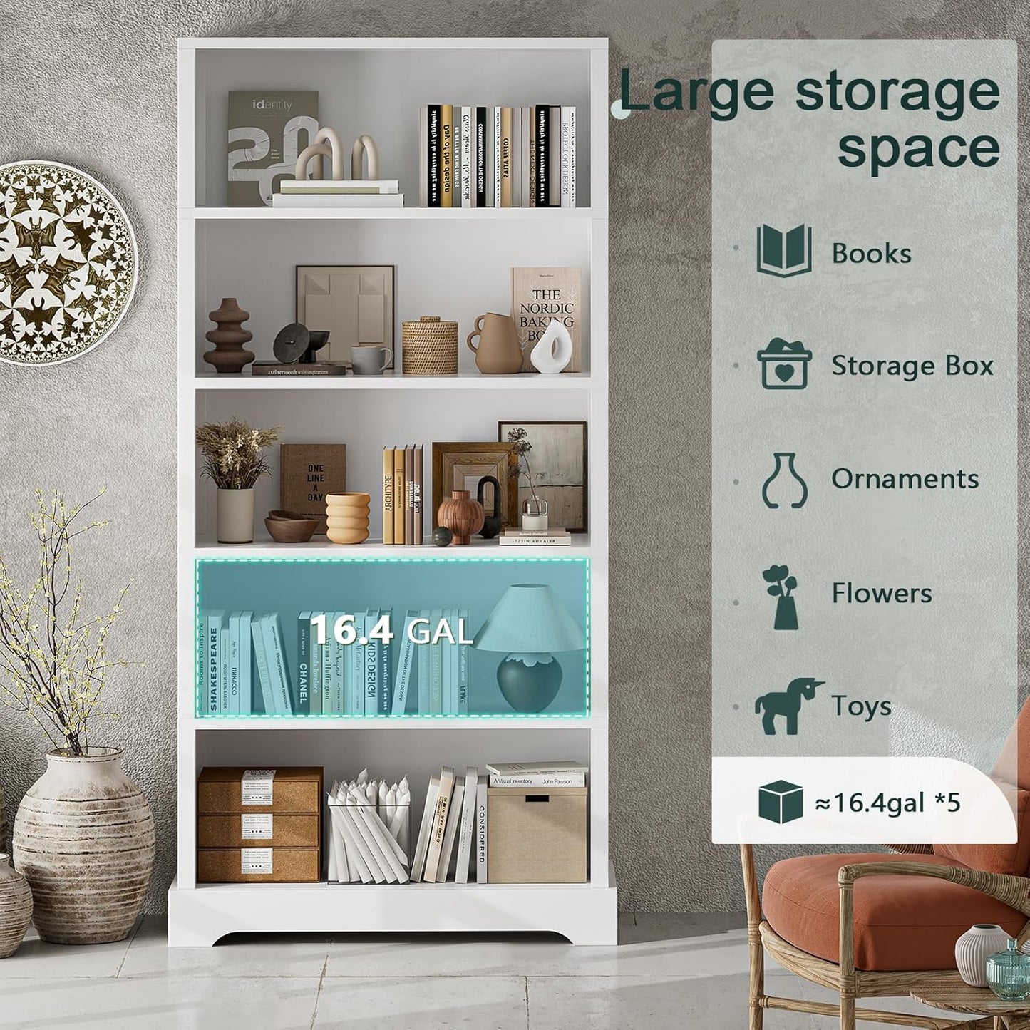 TVU 5-Shelf Wood Bookcase, 65 Inch Tall Bookshelf with Storage, Floor Standing Display Book Shelf,for Living Room Bedroom Study Office, White