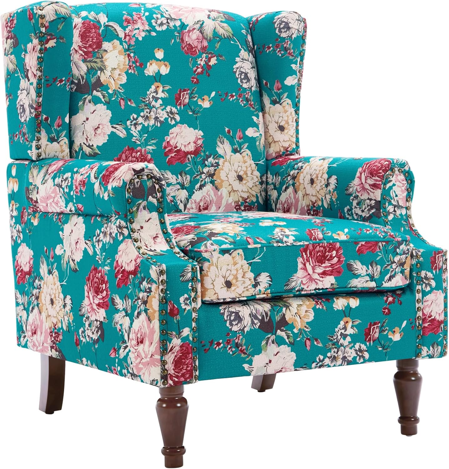 UIXE High Back Floral Accent Chair, Upholstered Armchair in Fabric, Retro Printed Wingback Arm Chair for Living Room, Nailhead Trim Single Sofa Bedroom Reading Seat - Peacock Blue