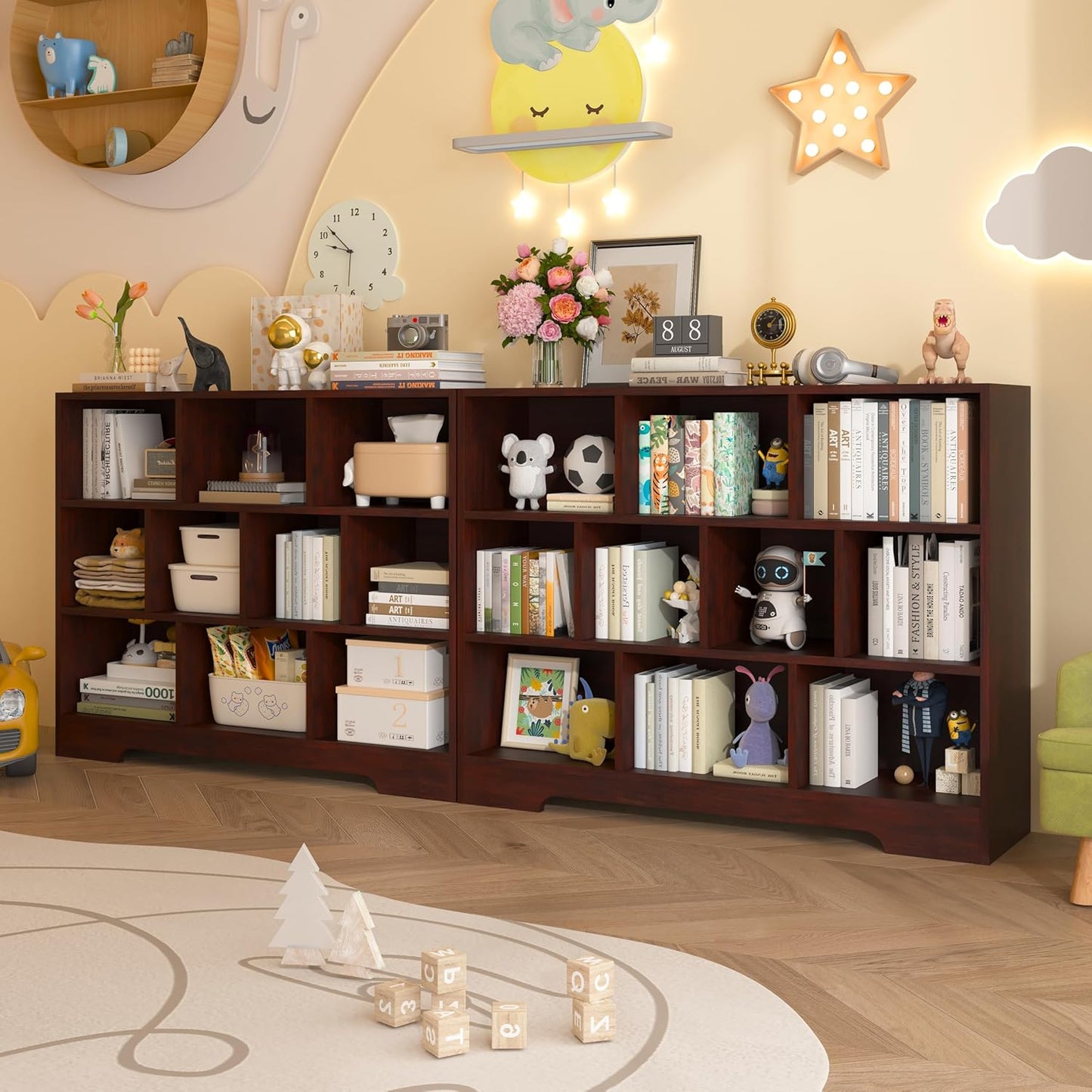 Book Shelf Set of 2, 10 Cubes Storage Organizer, 3-Tier Open Shelf Wooden Bookcase, Freestanding Cherry Bookshelf Cube Shelf for Bedroom, Living Room, Home Office