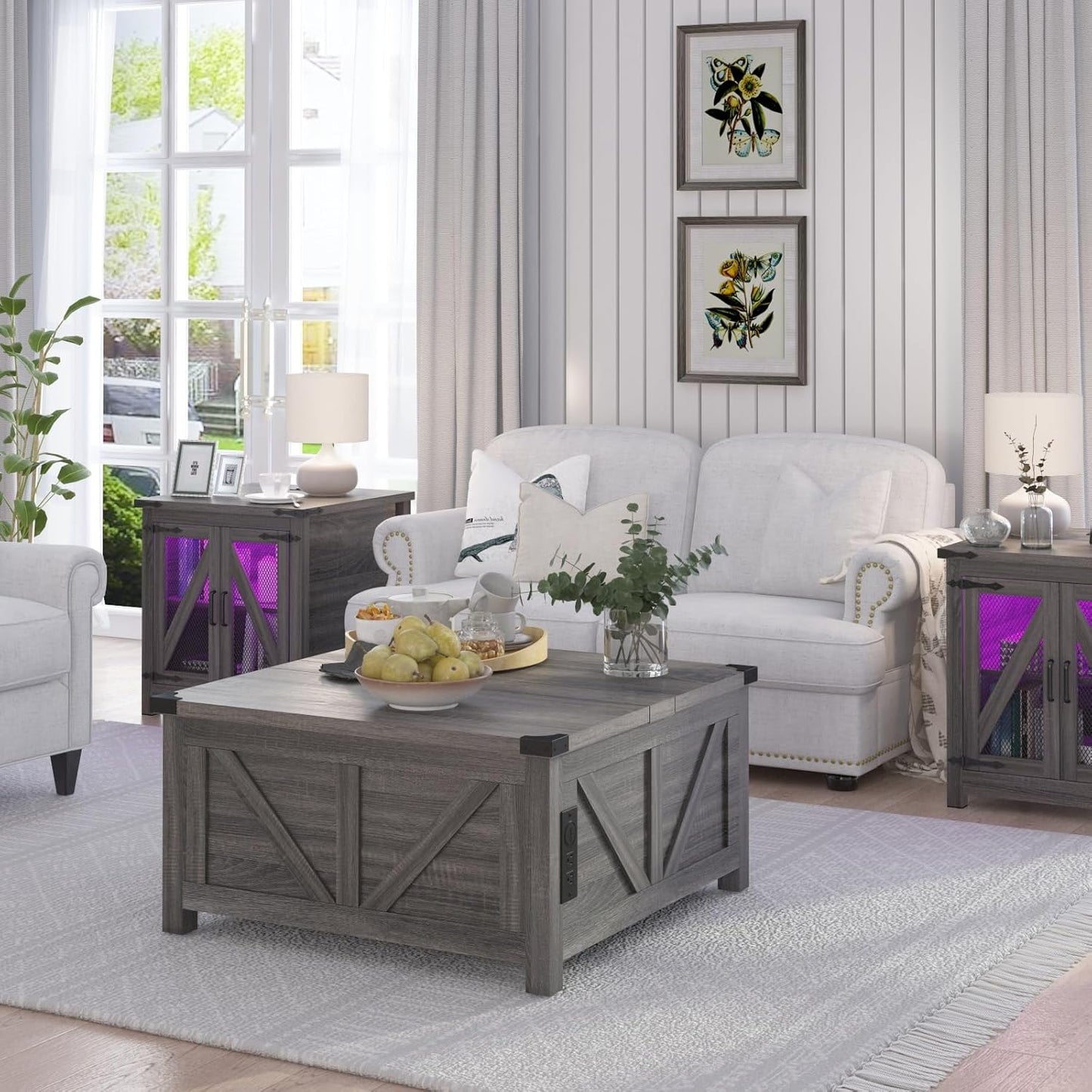 Farmhouse End Table, 24" Large Sofa Side Table with Charging Station, Mesh Barn Door, and Adjustable Storage Shelf, Rustic Wood Square Nightstand for Living Room, Bedroom, Office, Grey