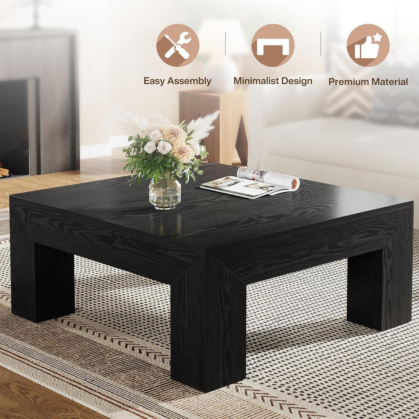 Tribesigns 39.4-Inch Square Coffee Table for Living Room, Farmhouse All MDF Accent Center Cocktail Table with Sturdy Wooden Legs, Easy Assembly, Black
