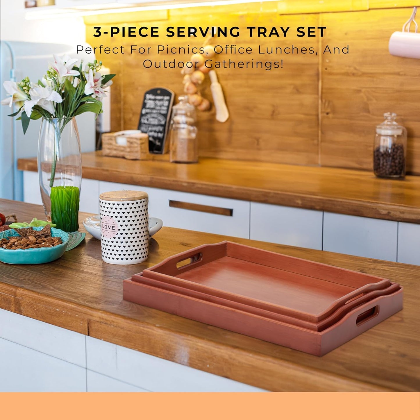 Prosumers Choice Wooden Tray - Dark Wood Serving Trays with Handles - Nesting Design for Space Saving - Wooden Serving Tray for Food, Drinks, Snacks - Set of 3