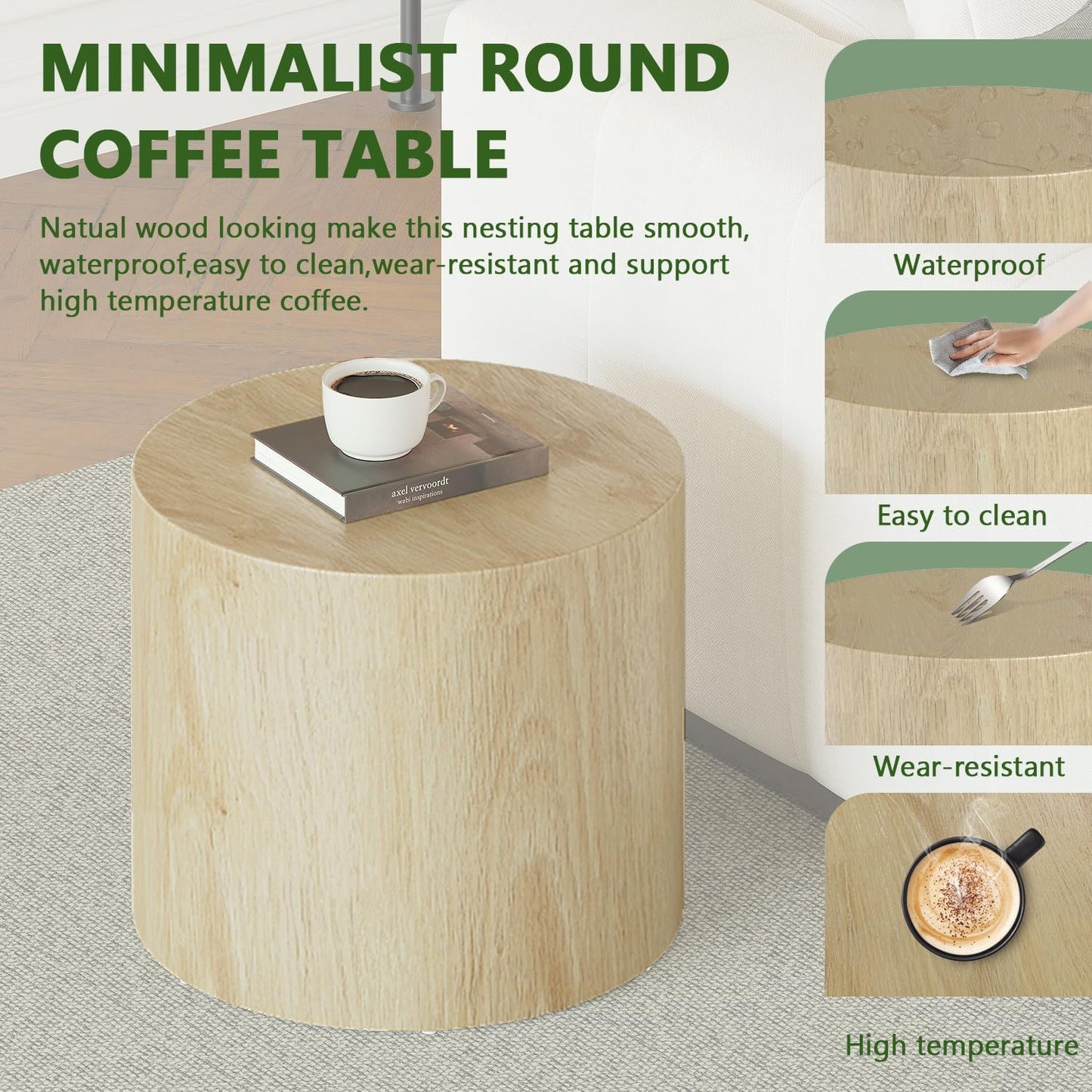 Vikiullf Nesting Coffee Table Set of 3, Round Wooden Coffee Tables, Modern Circle Table for Living Room Side Table End Table, Saving Space Design and No Need Assembly,Natural Wood Grain