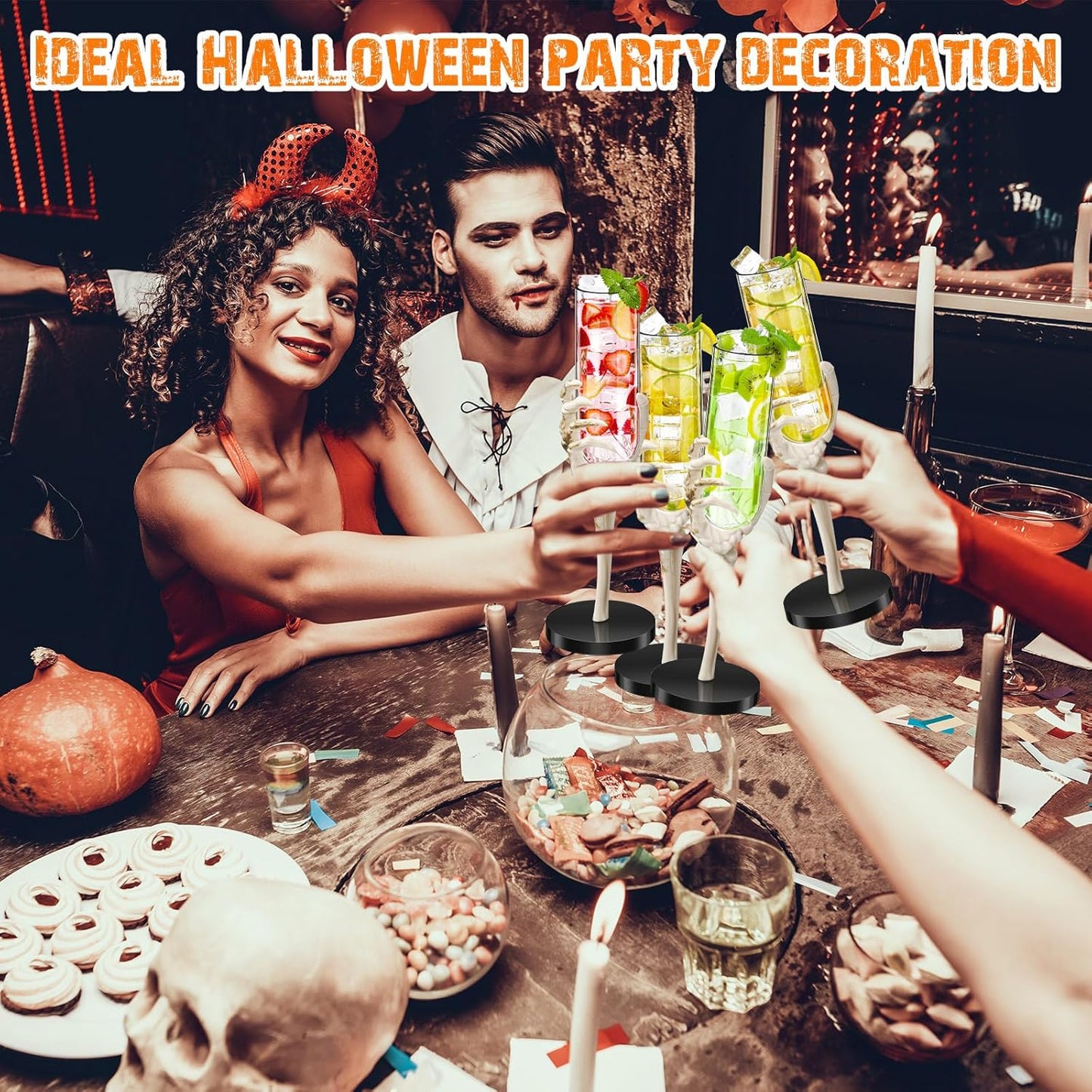 Yinkin 6 Pcs Halloween Skeleton Hand Wine Glass 2.7 oz Halloween Goblets with Skeleton Hand Plastic Champagne Flutes Spooky Creepy Cups for Haunted House Party Decorations