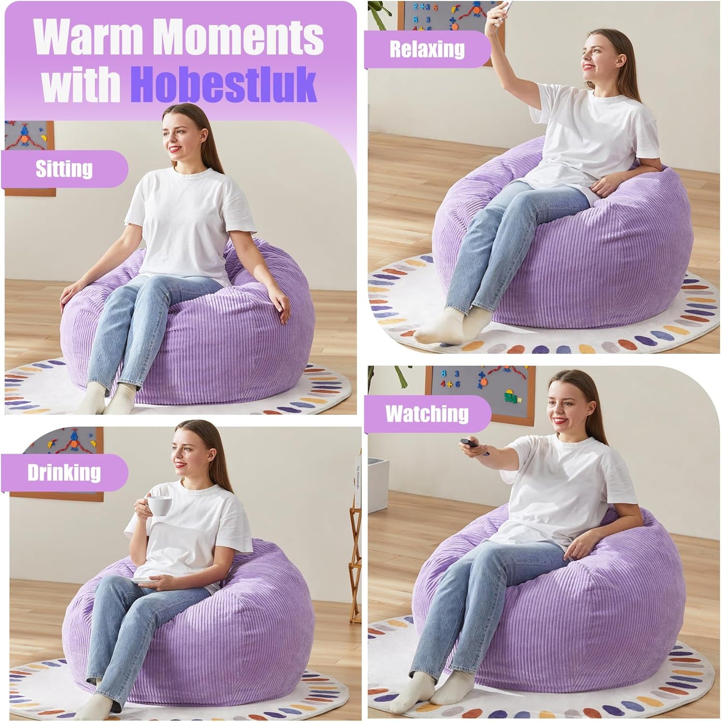 Hobestluk 3.5FT Bean Bag Chair Adult Bean Bag Chair Large Bean Bag Chair with Filler Included Teardrop Bean Bag with Removable Cover for Bedroom Living Room - (Large, Purple)