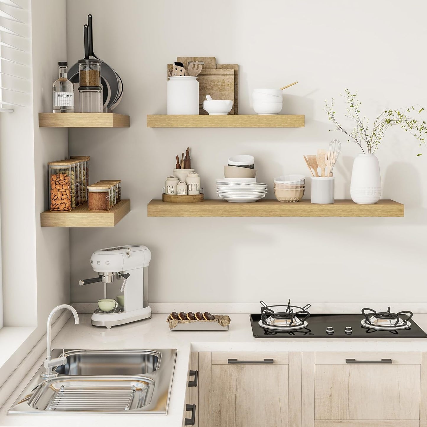 12 Inch Deep Floating Shelves 48 inch Long, 48 x 12 Wide Wall Shelves with Invisible Brackets, Heavy Duty Shelf for Bedroom Bathroom Living Room Kitchen Office Home Decor, Modern Shelf Set of 2, Oak