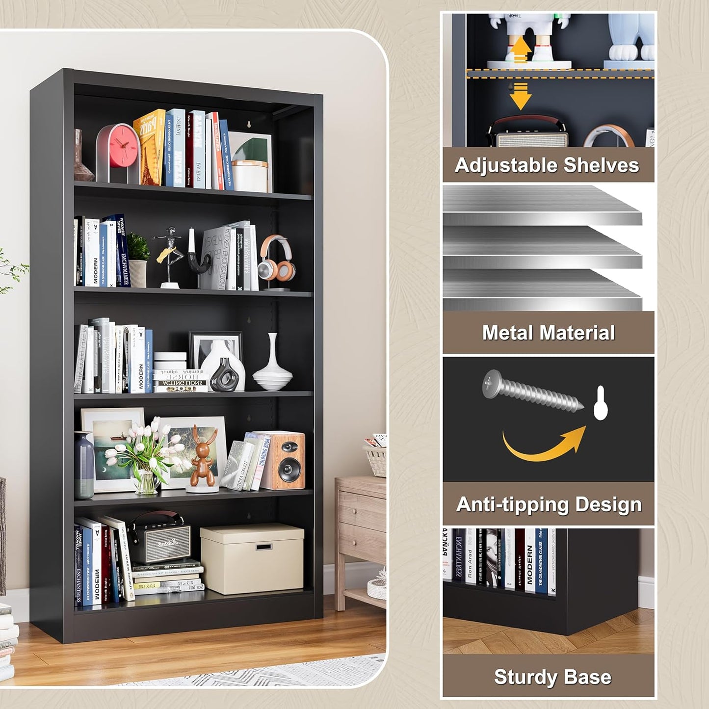 Book Shelf, 14" Deep Bookshelves Cases for Books, Garage Kit, CDs, 66" Tall Bookcase for Home Office Library Living Room, 5 Tier Bookshelf with Adjustable Shelves, Black Book Cases