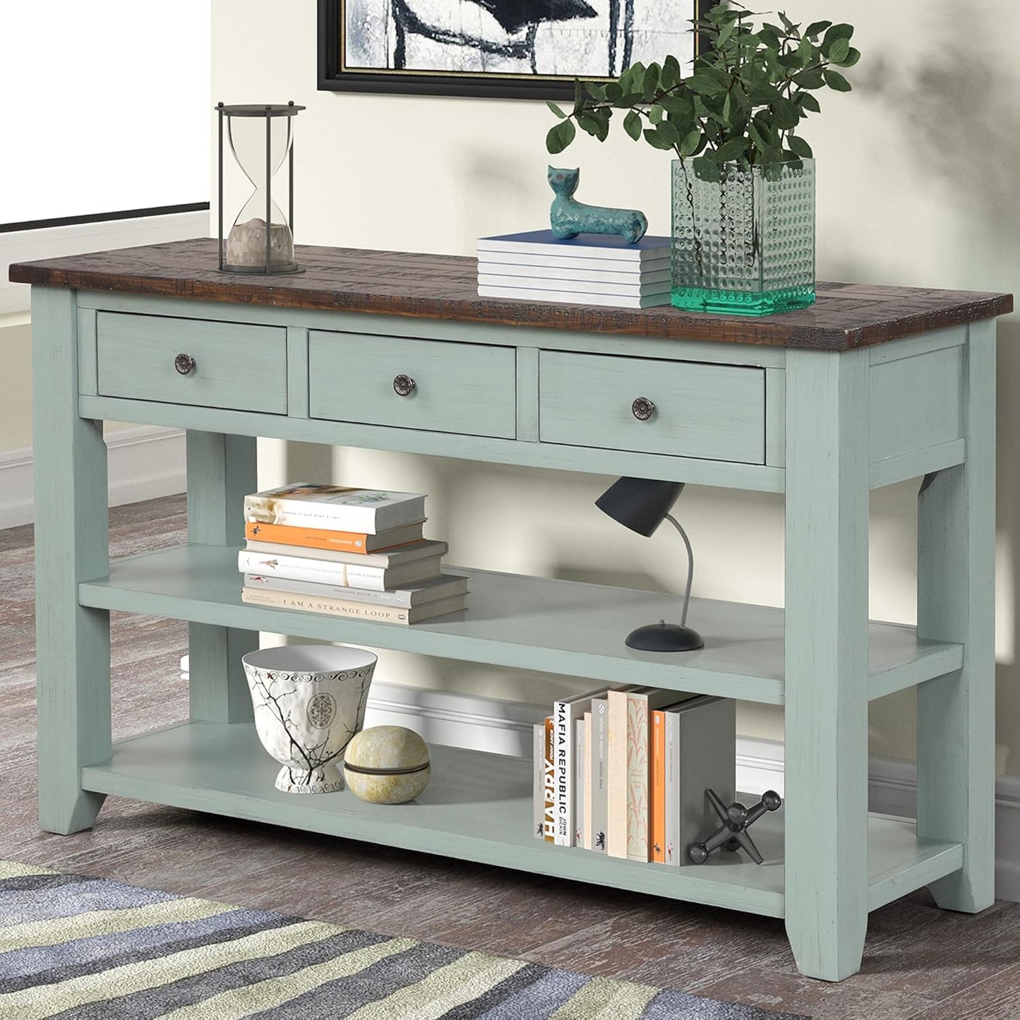 Solid Wood Console Table Sofa Table with Storage Drawers and Bottom Shelf Entryway Table for Entry Hallway Foyer Sofa Couch Table,Fully Assembled (48.8" Green)