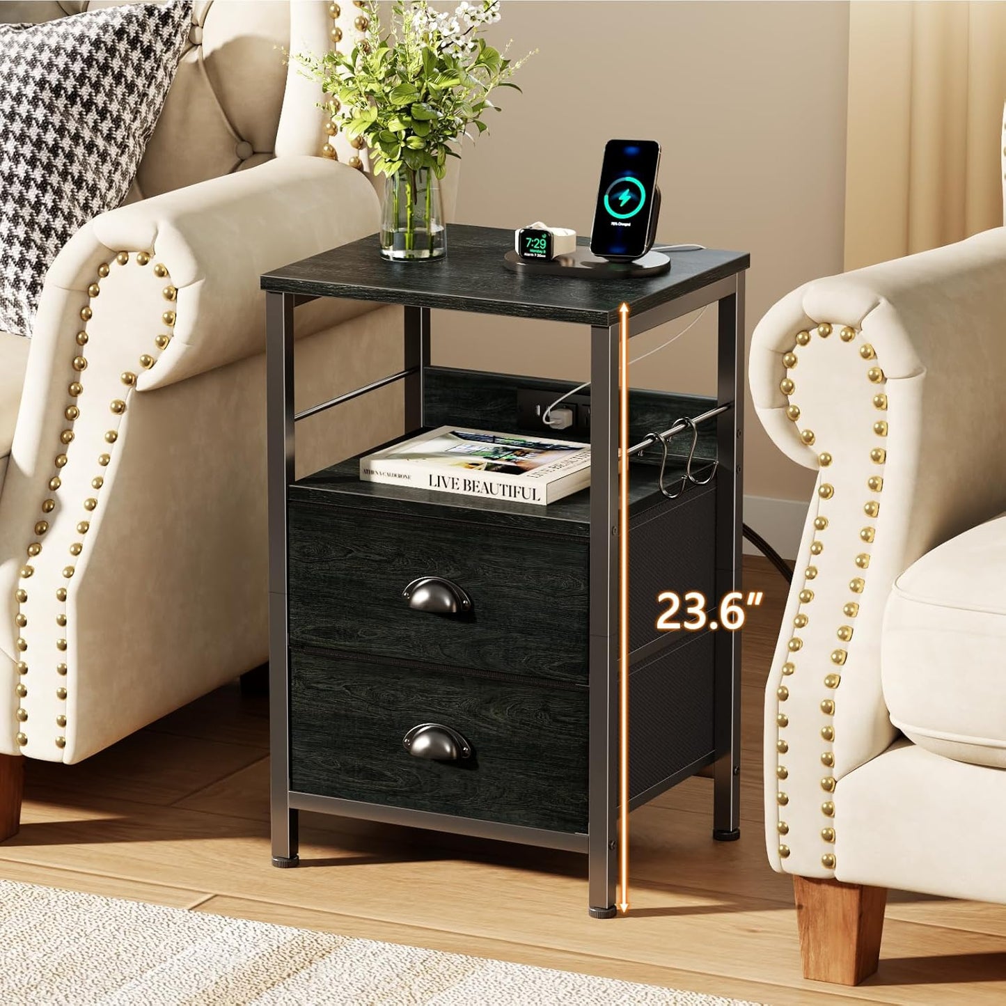 Furologee Nightstand with Charging Station, Black Night Stand with 2 Fabric Drawers, Side Table with USB Ports, End Table with Storage Shelf, for Living Room/Bedroom, Black Oak