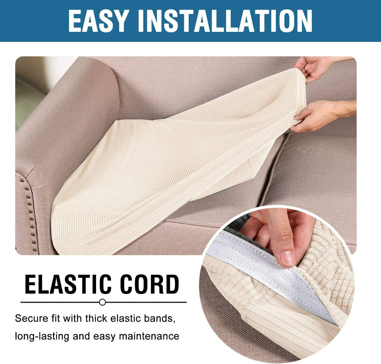 H.VERSAILTEX Super Stretch Individual Seat Sofa Covers Couch Slipcover Sets Thick Jacquard Textured Twill Fabric (2 Piece Medium Sofa Cushion Covers, Natural)