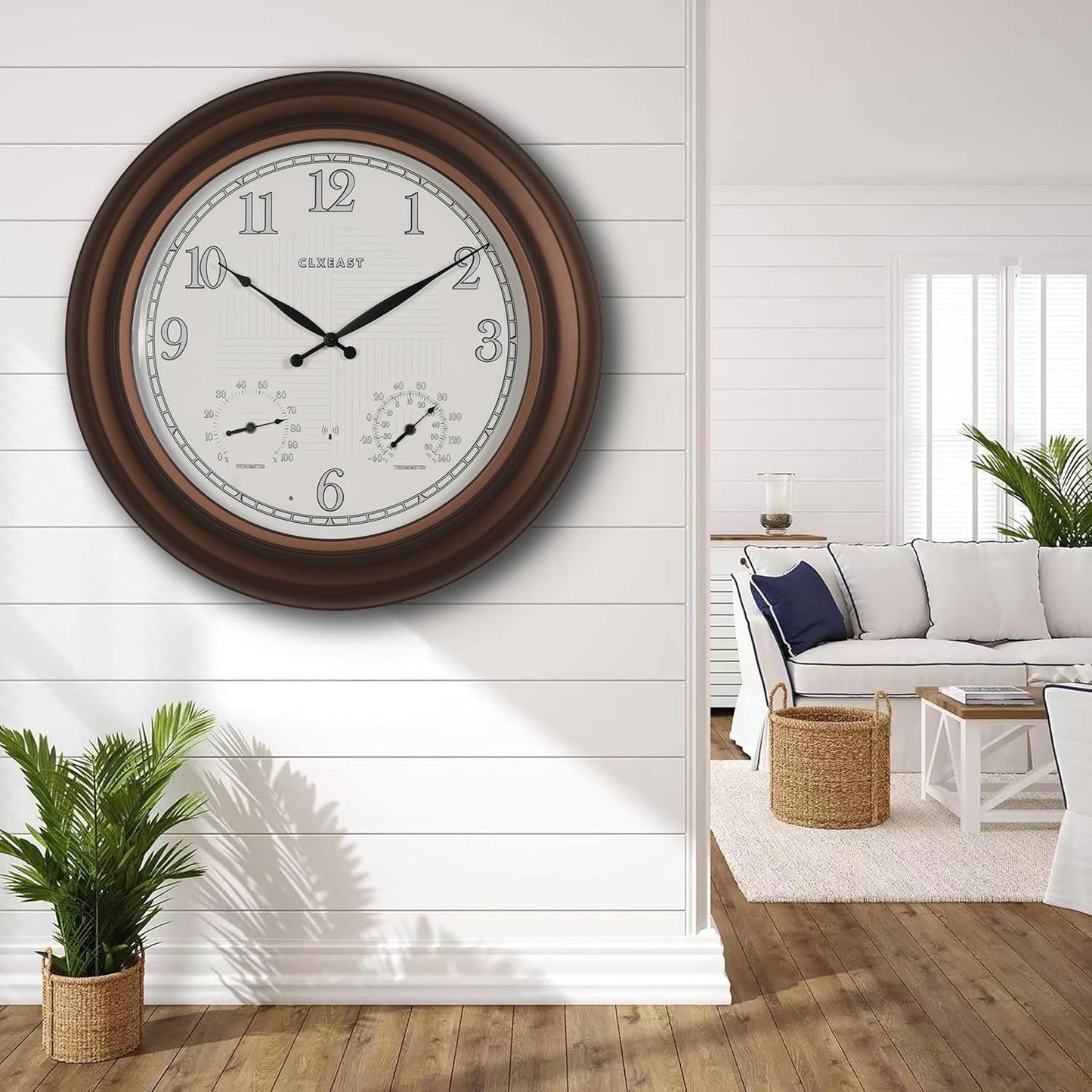 CLXEAST 24 Inch Illuminated in/Outdoor Lighted Atomic Analog Wall Clock with Thermometer & Hygrometer, Oversized Large Waterproof Wall Clocks for Living Room Decor,Bronze Finish