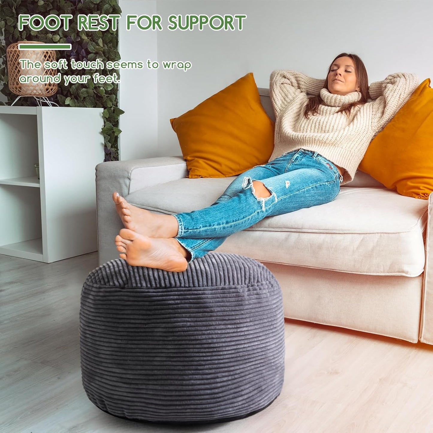 HIGOGOGO Round Stuffed Pouf Ottoman, Corduroy Poufs with Foam Chunk Filling, Furry and Fluffy Pouf Foot Stool Storage Ottoman, 26 X 18 Floor Poufs Foot Rest for Living Room, Dark Grey