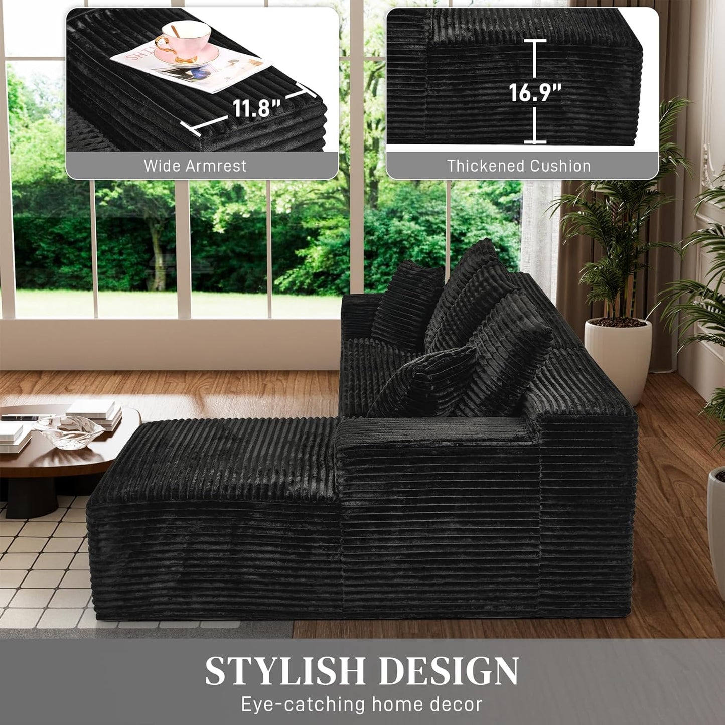 Modular Sectional Sofa Cloud Sectional Couch, 107" Comfy Fluffy L Shaped Black Couches for Living Room, Deep Seat Memory Foam Plush Corduroy Boneless Couch Sectionals with Right Facing Chaise Sofa