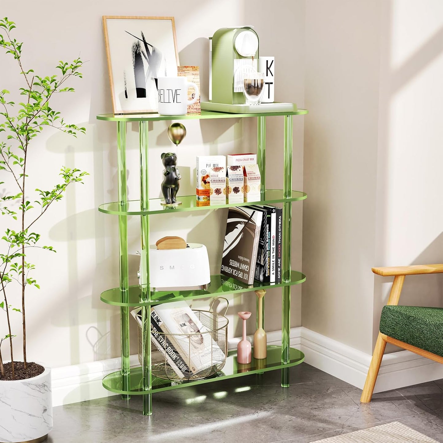 Clear Bookshelf, Acrylic Bookcase with Open Book Shelf Console Table for Entryway Office (4 Tier Green)