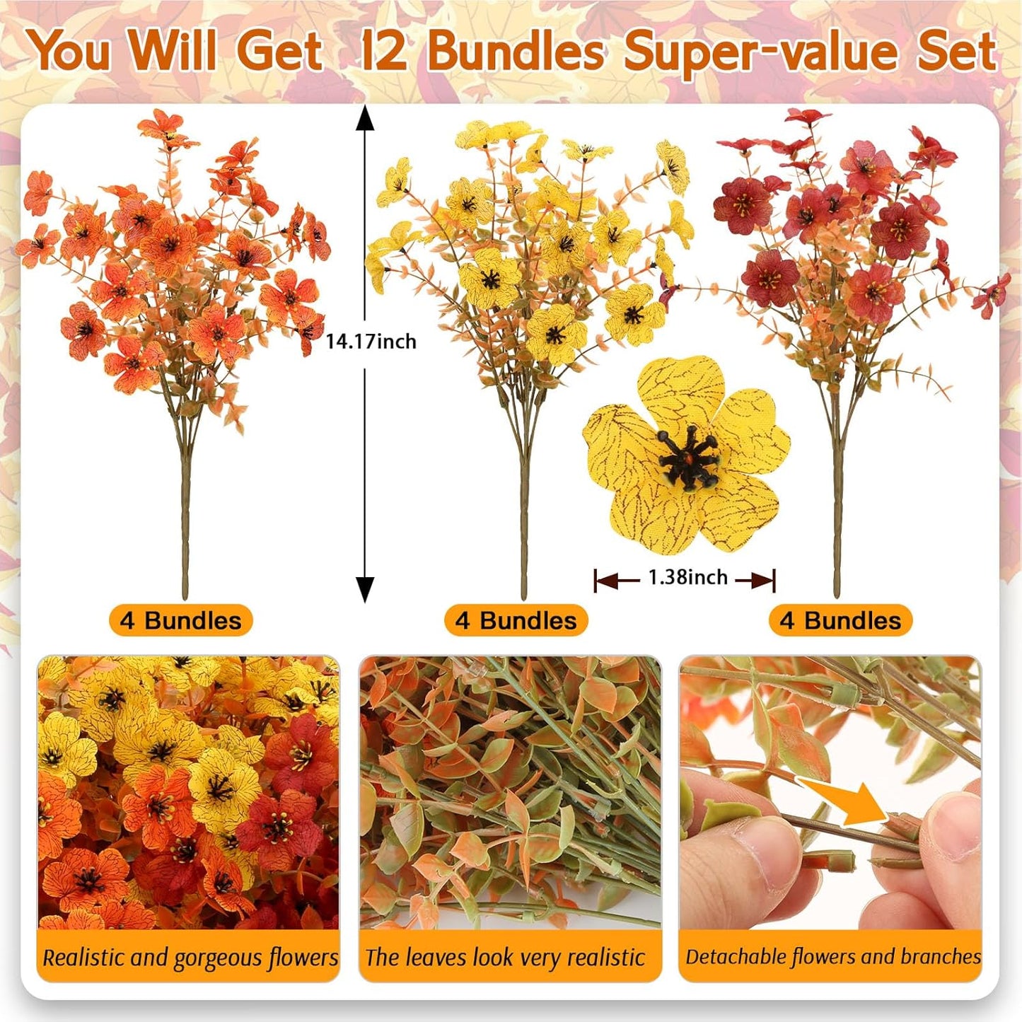 12 Bundles Artificial Fall Flowers Faux Mums for Outdoor Indoor, Artificial Plants Daisy Faux Plants Fake Mums for Fall Decor Pots Patio Garden Porch Autumn (Orange,Brown,Yellow) (12)