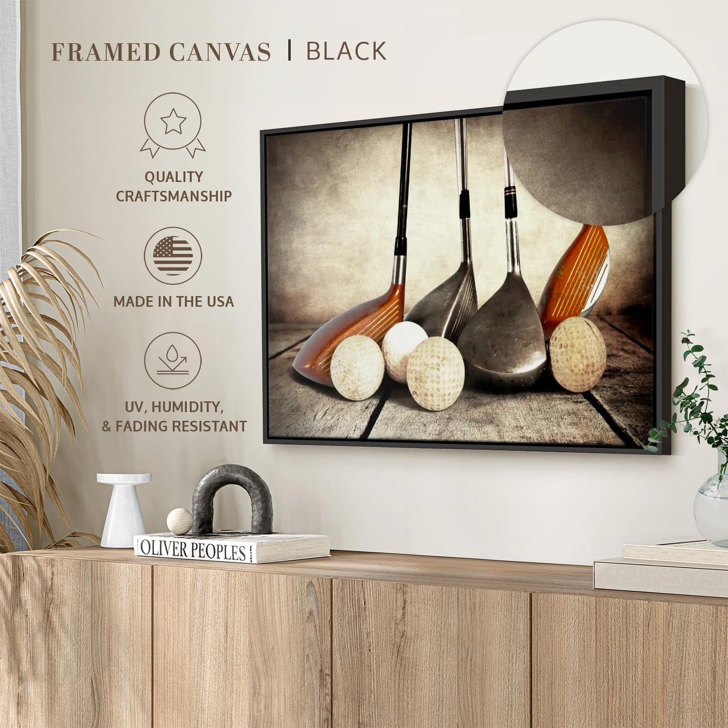 Elephant Stock Golf Sets Wall Art - Horizontal Framed Canvas - 1-Piece Mancave Wall Decor - Photography Sports Canvas Print - Yellow and Brown Decor for Wall - 25" X 17"