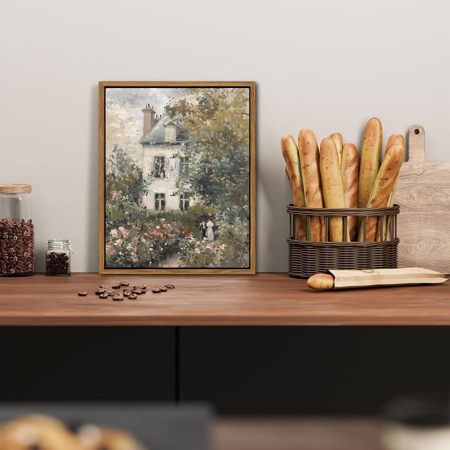 Floating Framed Canvas Vintage Wall Art, Neutral English Cottage Rose Garden Oil Paintings Print, Spring Pictures Wall Decor for Living Room Hallway Bedroom Office Rustic Decor 16x24 inch