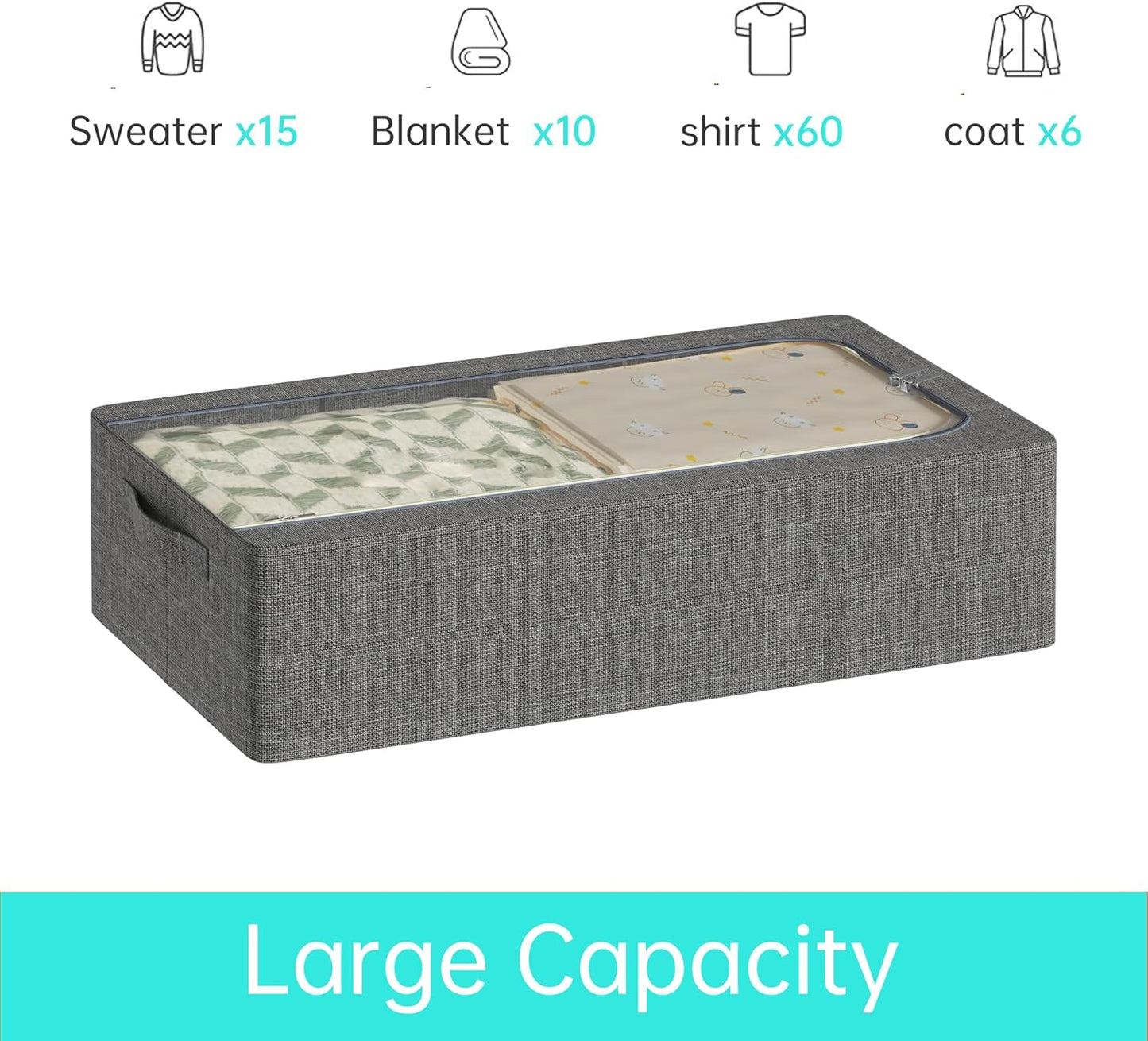 3PCS Under Bed Storage Bins with Metal Frame, Linen Fabric Frame Storage Box Clothes Organizer Bins, Underbed Container with Clear Window (Dark Grey, 23.6 x 13 x 6IN)