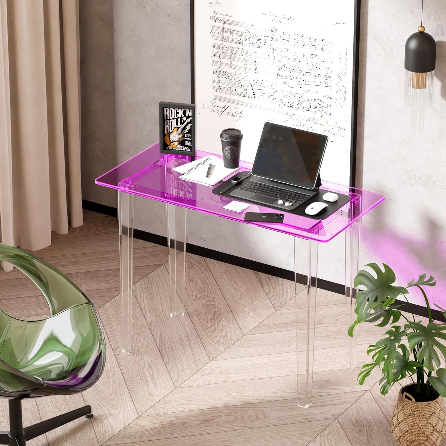 Acrylic Desk, Modern Study Table for HomeOffice-Extended Surface Multi-Purpose Console & EntrywayTable, Sturdy Lightweight Design((42.5-inch, Pink)