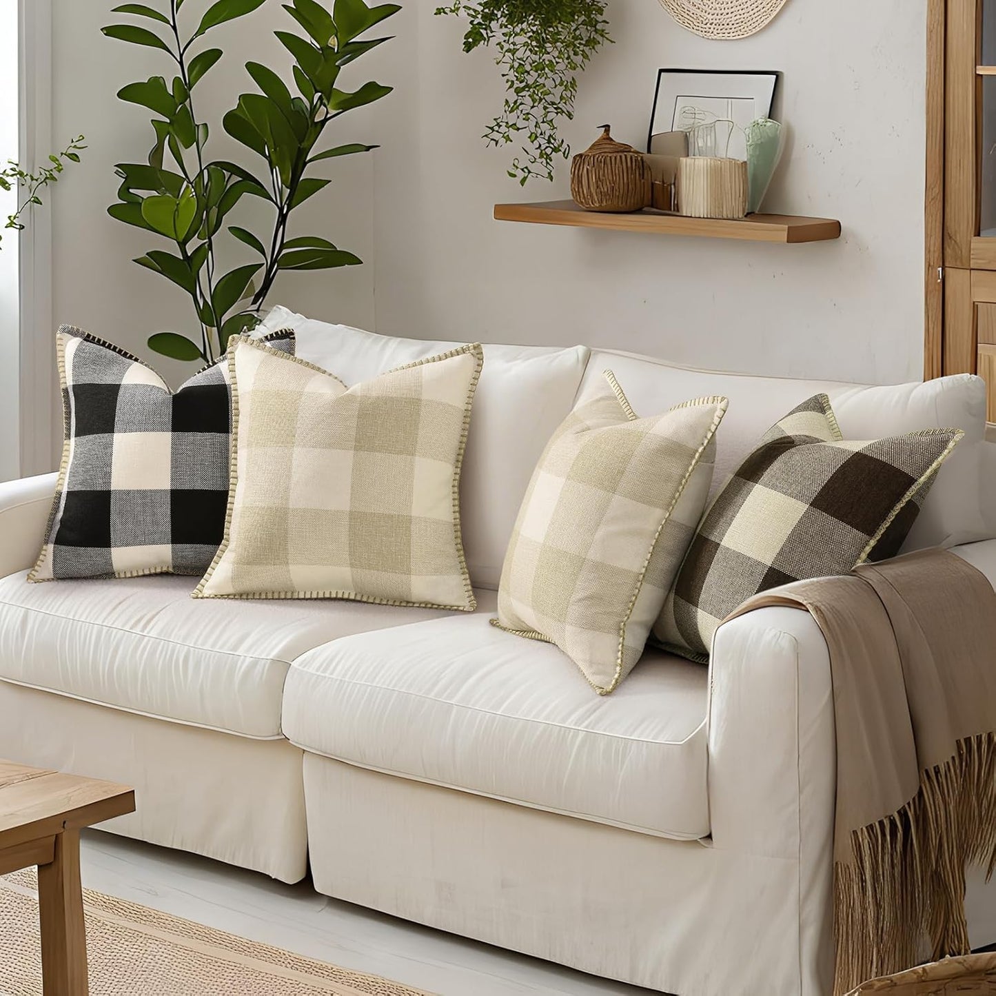 decorUhome Buffalo Plaid Check Throw Pillow Covers 12x20 Set of 2, Outdoor Lumbar Decorative Farmhouse Neutral Pillow Covers with Stitched Edge for Bed Couch Sofa, Black and White