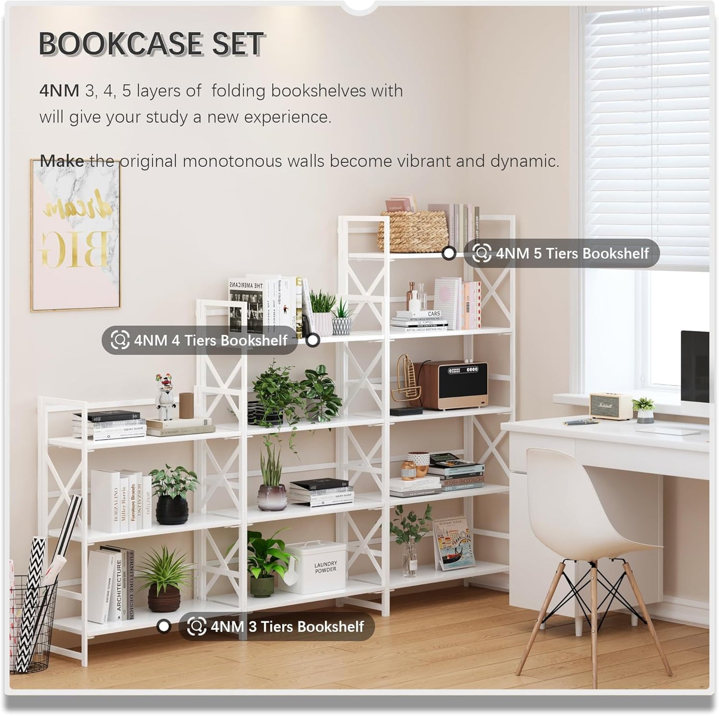 4NM 6 Tiers No Assembly Book Shelves, 61.8" H Folding Bookshelf Bookcase Open Industrial Foldable Shelves for Bedroom, Living Room, Home Office - All White