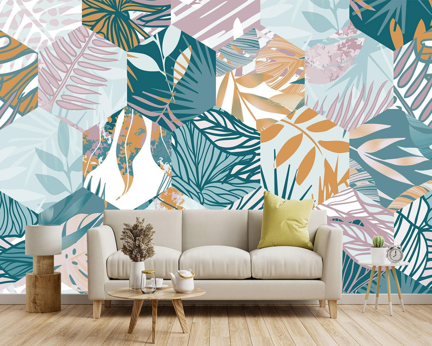 -Abstract Geometry Botanical Banana Leaf Fabric Wallpaper Living Room Bedroom Bathroom Tropical Plant Leaf Large Wall Mural- 137"x96"( not Peel and Stick)