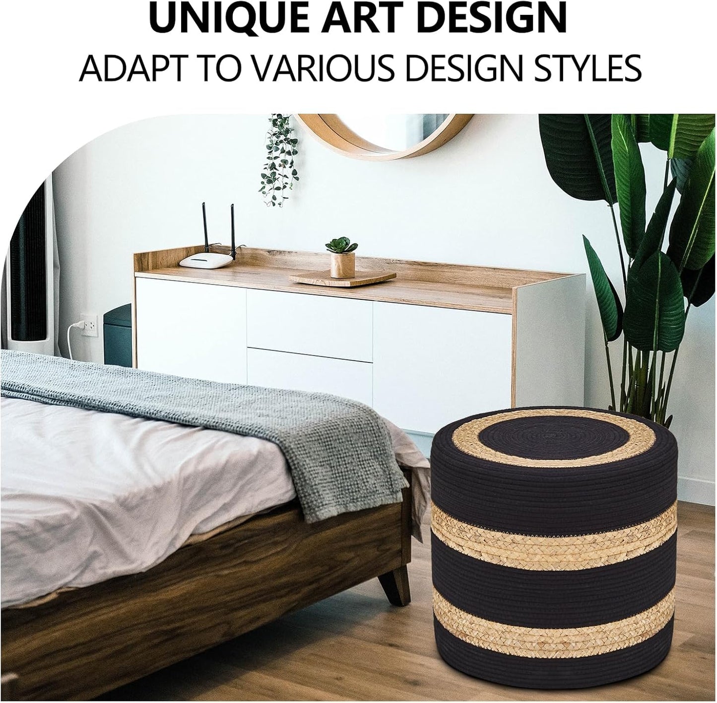 Wimarsbon 18'' Ottoman Pouf, Natural Braided Poof, Rustic Handweave Lounge Pouffe, Boho Footrest Stool for Bedroom, Accent Table or Seat for Living Room (Natural Water Hyacinth + Black Cotton Rope)