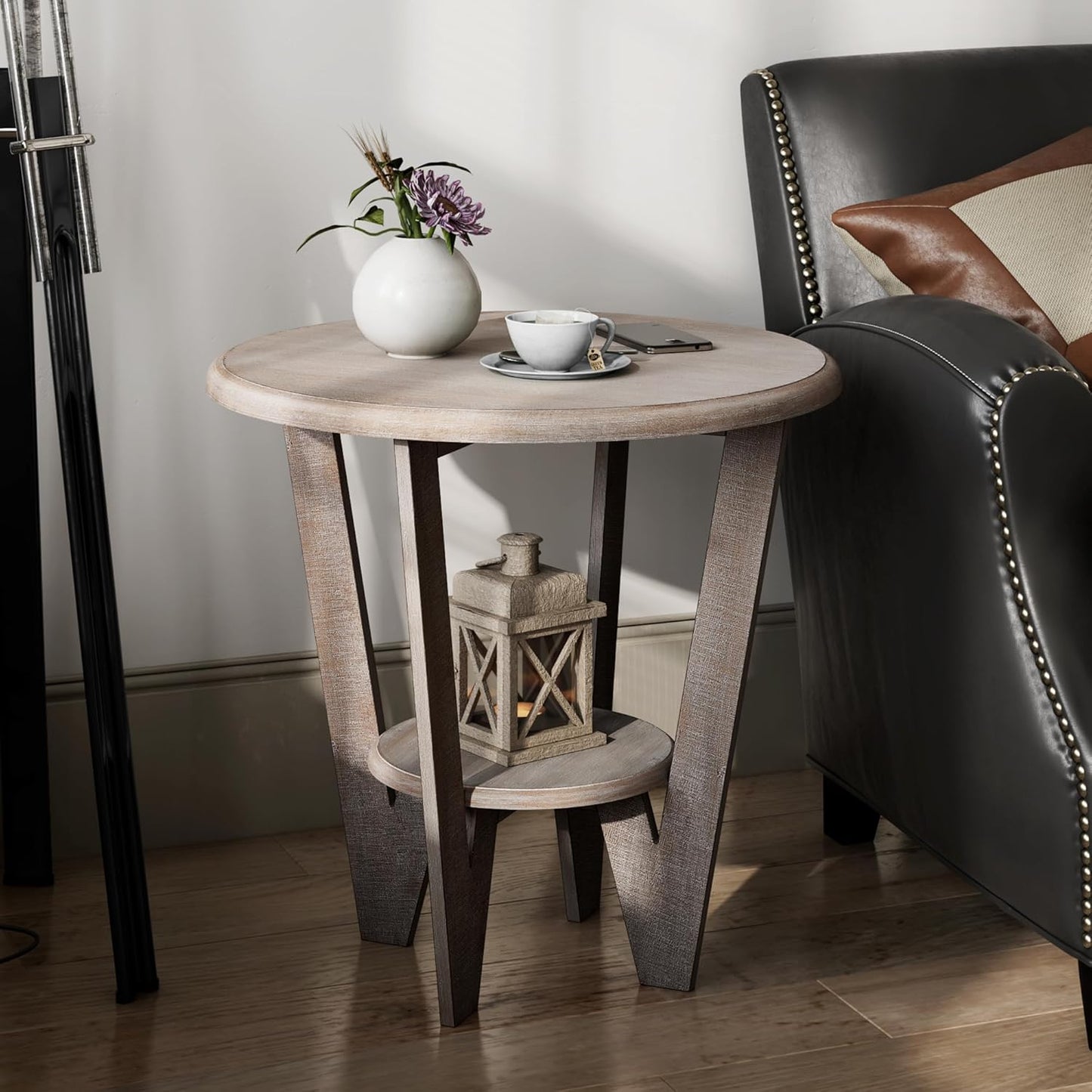 Rustic Farmhouse End Table with Storage Shelf, French Country Accent Side for Family, Dinning or Living Room, Small Spaces, Modern, Round, Vintage Blue Finish, Curved Leg