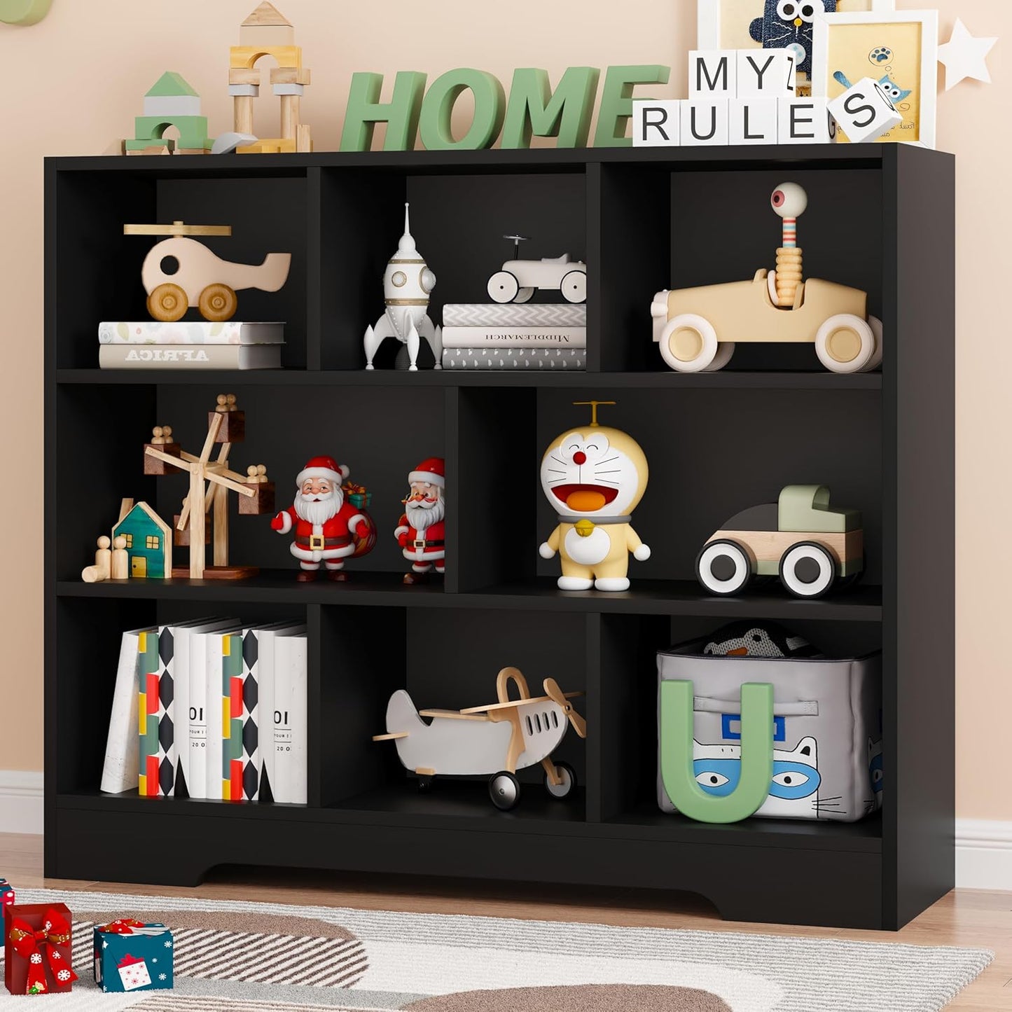 Book Shelf Set of 2, 8 Cubes Storage Organizer, Freestanding Balck Bookshelf Cube Shelf for Bedroom, Living Room, Home Office, 3-Tier Open Bookshelf Wooden Bookcase