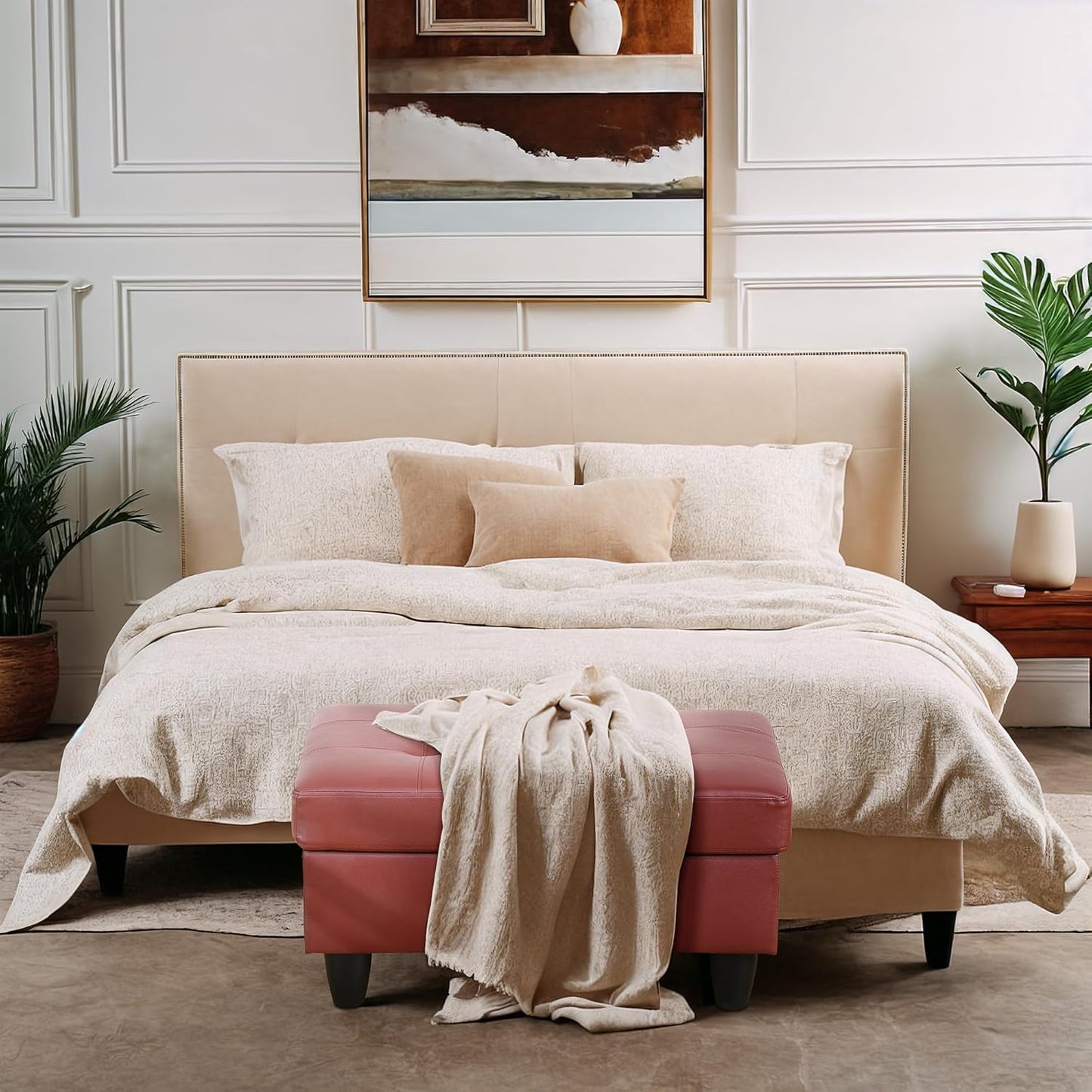 Ottoman Rectangular Storage Ottoman Bench, Faux Leather Footrest, Coffee Table, Stool Footstool with Hinged Lid for Living Room, Bedroom, Entryway, Red, 35"x23.5"x17.5"