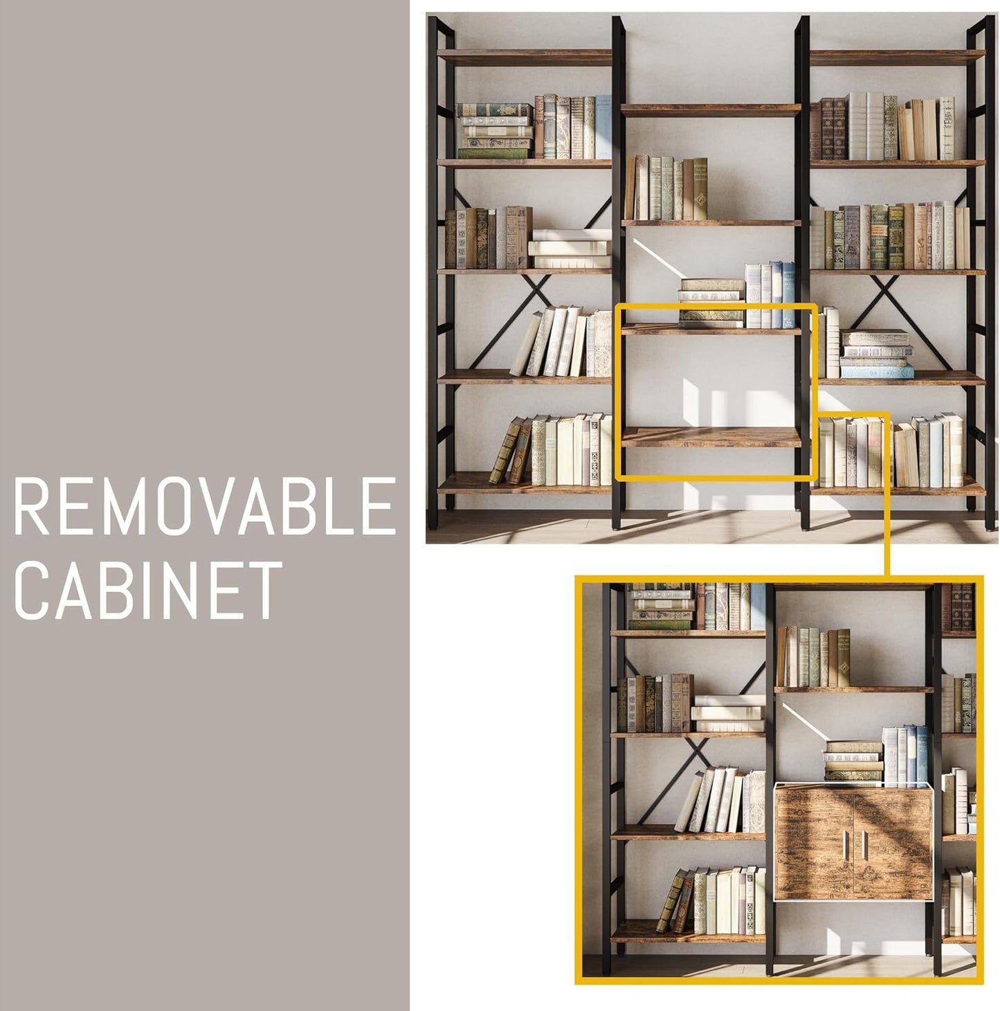 70 x70" Triple 5 Tier Book Shelf, Industrial Large Bookcase with Storage Cabinet, Tall Bookshelf with 14 Open Display Shelves Metal Frame Furniture for Living Room Bedroom Home Office Rustic Brown