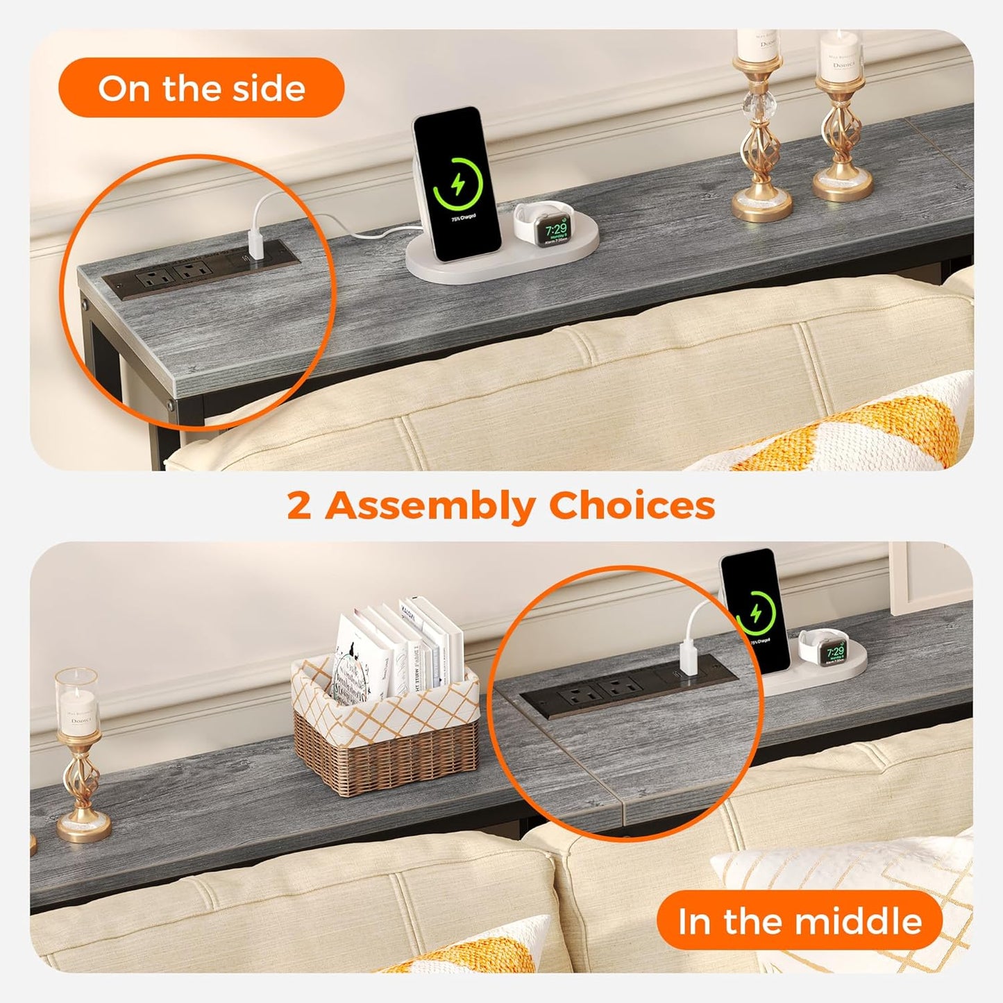 SUPERJARE 78.7 Inch Console Table with Outlet, Sofa Table with Charging Station, Narrow Hallway Entryway Table, Behind Couch Table, for Living Room, Charcoal Gray