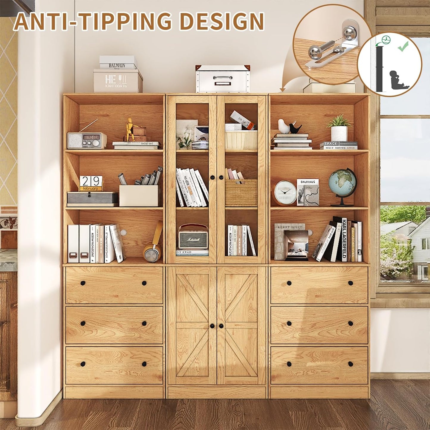 71" Tall Bookshelves Set of 3, 2 Bookcases with Drawers & 1 Bookshelf with Doors, Wooden Bookshelves Floor Standing Display Storage Shelves Home Decor Furniture for Home Office, Living Room