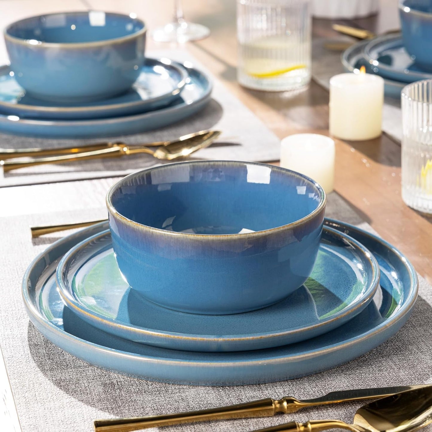 GBHOME Ceramic Dinnerware Sets for 4, 12 Pieces Stoneware Plates and Bowls Sets, Reactive Glaze Dishes -Scratch Resistant, Dishwasher&Microwave Safe-Alaskan Blue