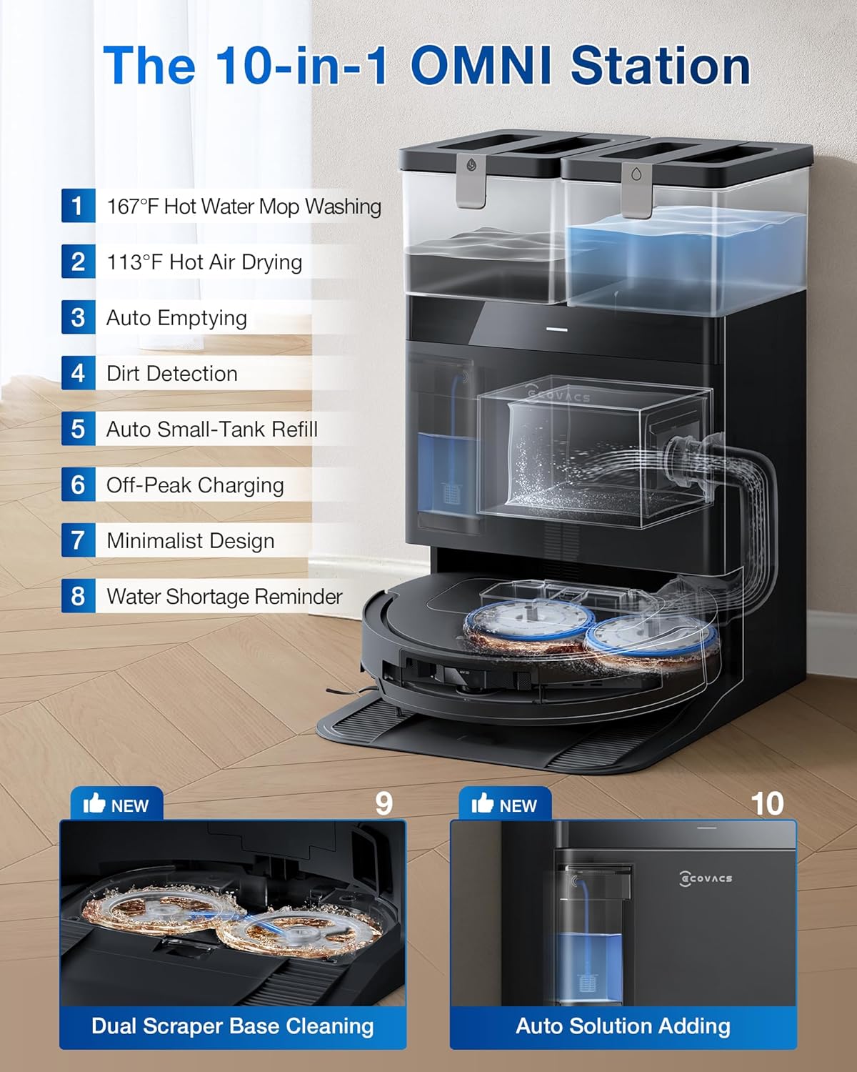 ECOVACS DEEBOT T50 PRO Omni Robot Vacuum and Mop, 3.19” Ultra-Slim, 15,000Pa Suction, ZeroTangle 2.0, TruEdge Edge Cleaning, AIVI 3D Obstacle Avoidance, Auto Mop Wash & Dry, Self-Emptying