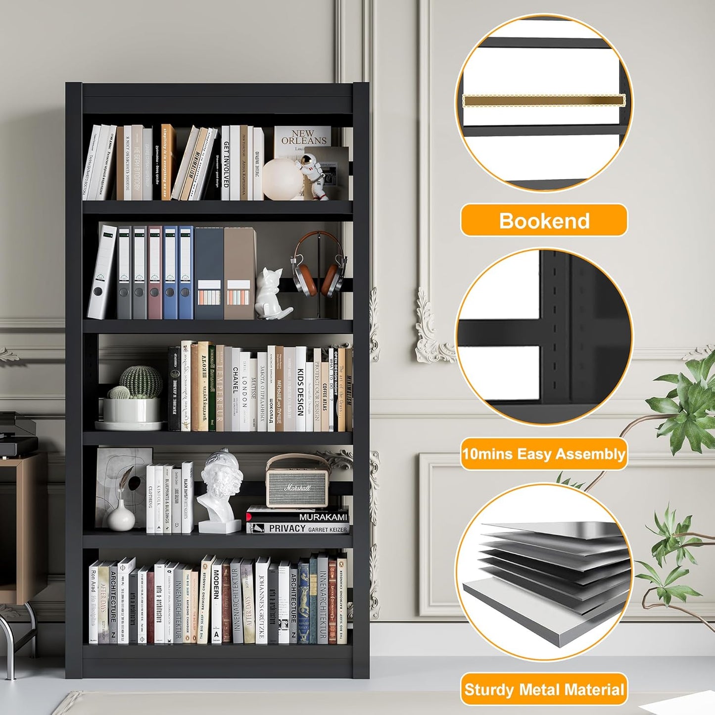 5 Tier Adjustable Black Bookcase, Metal Small Bookshelves and Bookcases, 61" H Display Modern Bookshelf for Living Rooms, Bedrooms, Home Offices, 10 Minutes Assemble