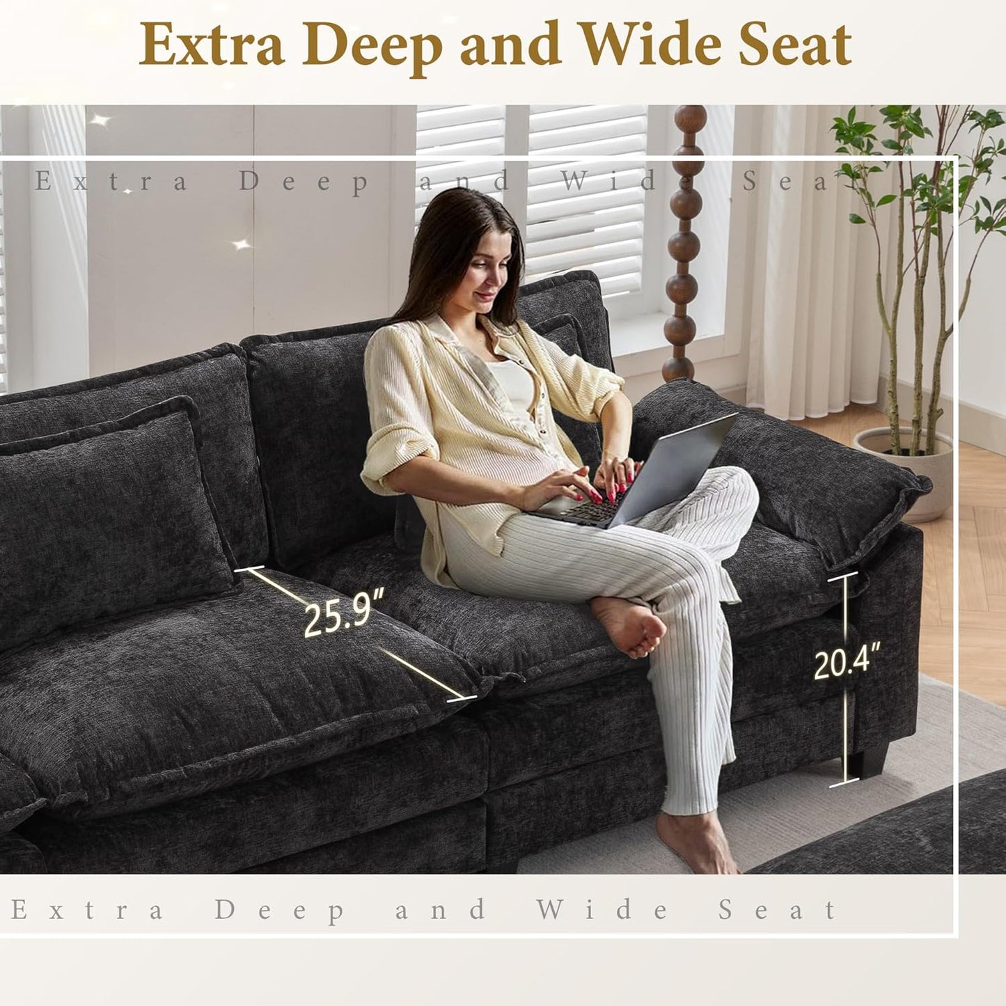 URRED Modular Sectional Sofa Comfy Cloud Couch, Modern Chenille Sofa Sleeper Deep Seat Couches with Ottoman/Pillows for Living Room (Black, 117''- L Shape)