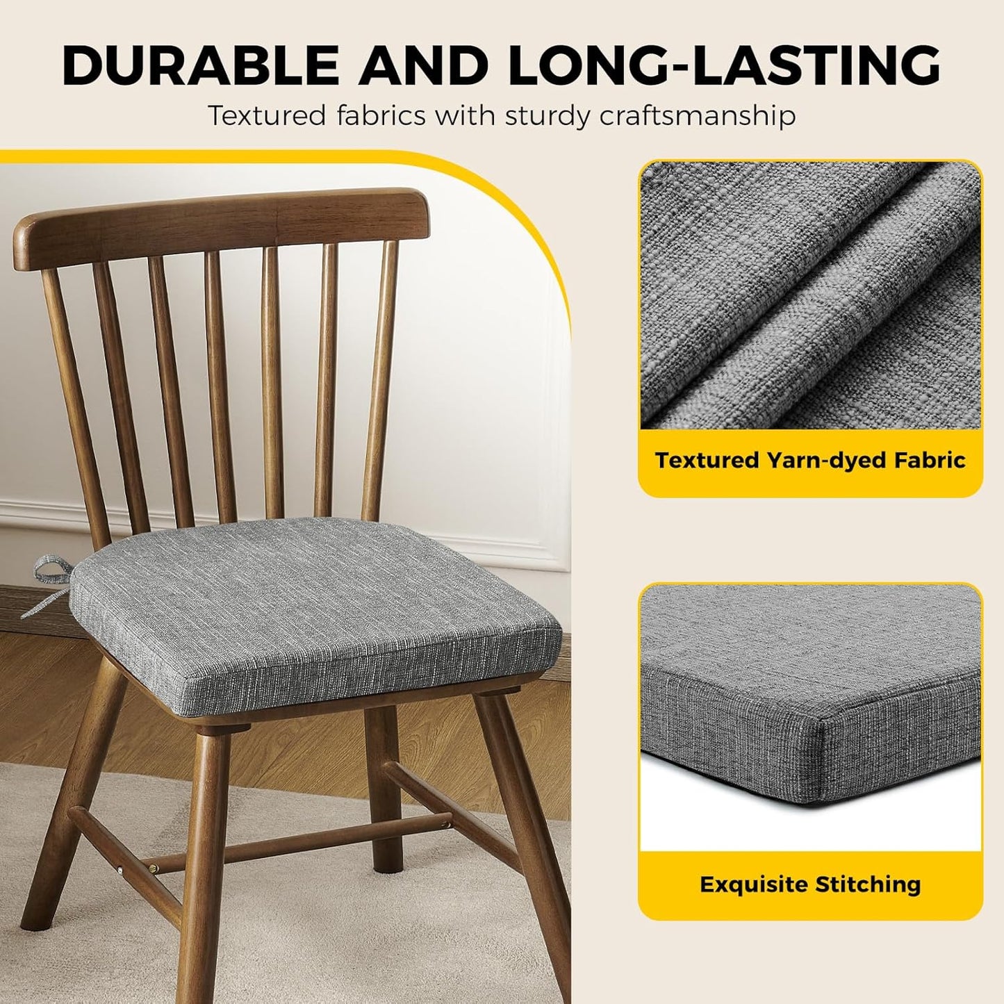 downluxe Indoor Chair Cushions for Dining Chairs, Soft and Comfortable Textured Foam Kitchen Chair Pads with Ties and Non-Slip Backing, 16" x 16" x 2", Dark Grey, 4 Pack